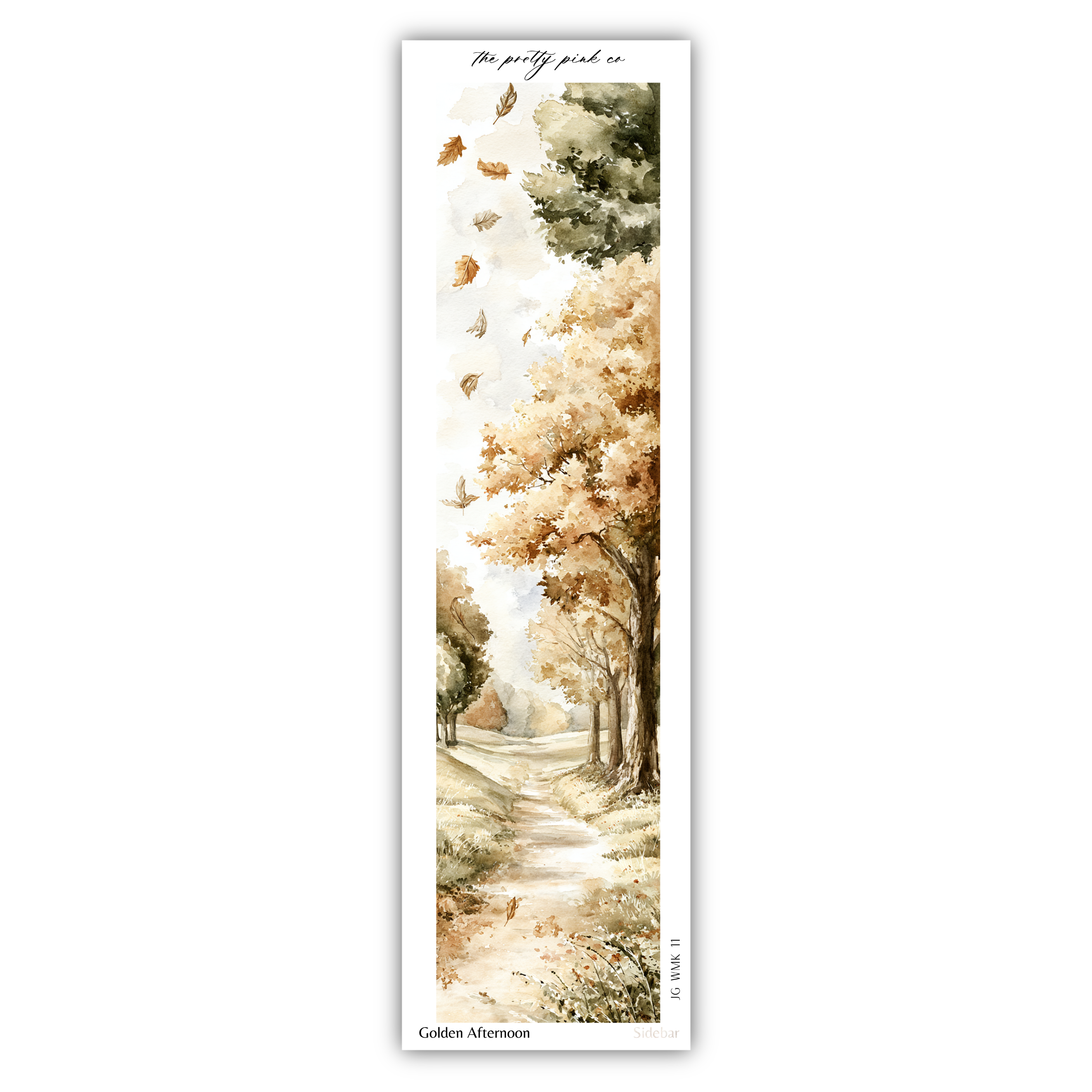 a serene autumn landscape with a winding path leading through a forest of trees with vibrant orange and yellow leaves.