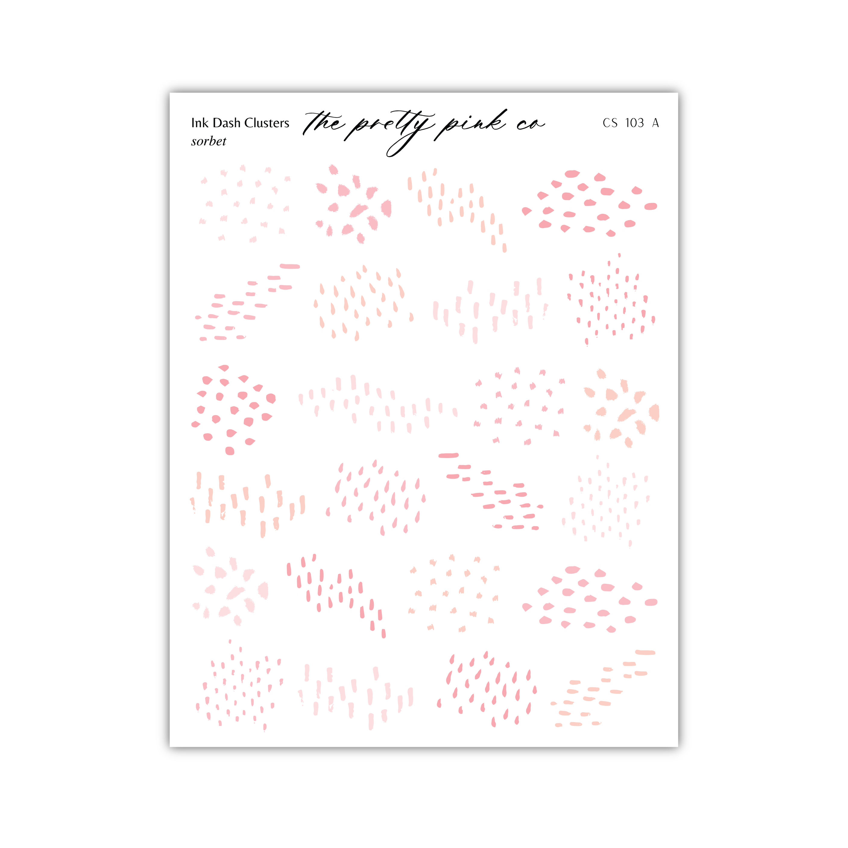 a collection of abstract, colorful dots and splatters in various shades of pink and peach, arranged in a grid-like pattern.