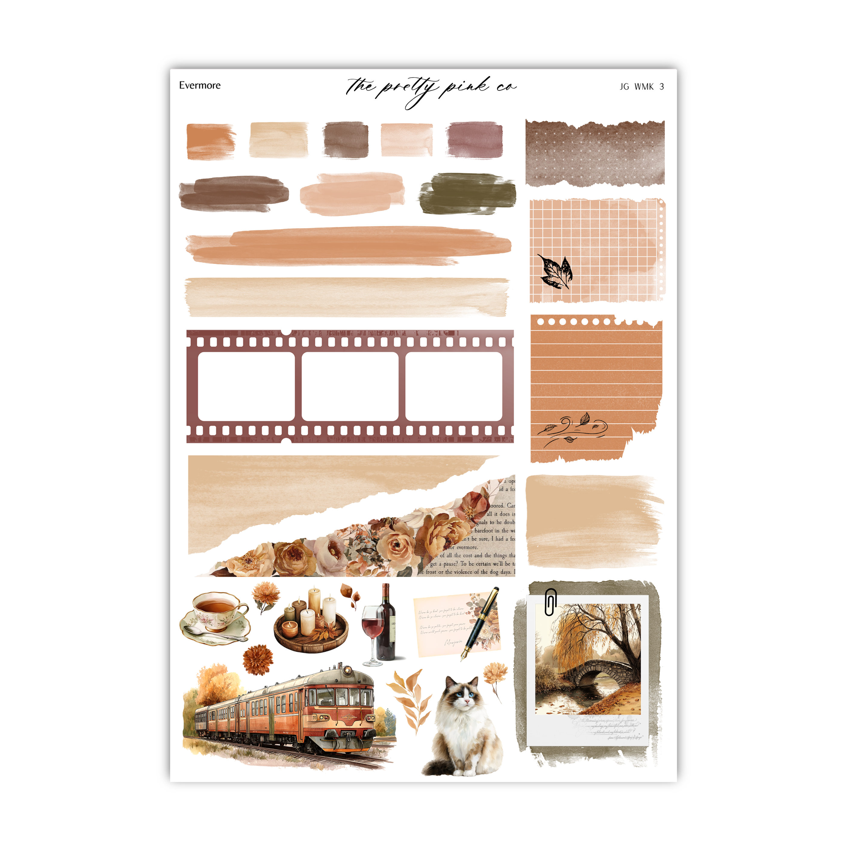 The image is a collage of various elements, including a train, a cat, and other objects, all set against a background with different textures and colors.