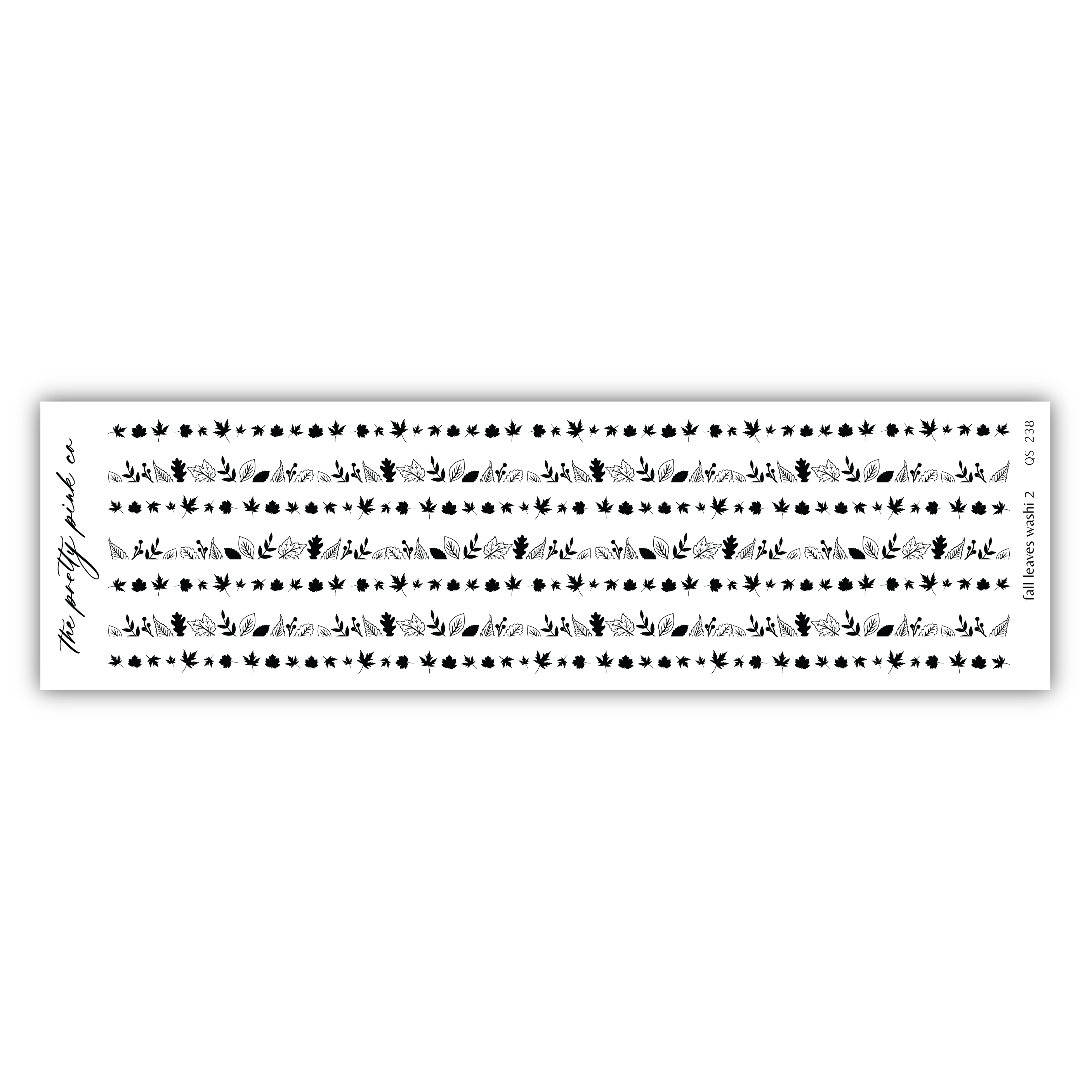The image is a repeating pattern of black silhouettes of leaves and flowers, arranged in a horizontal row.
