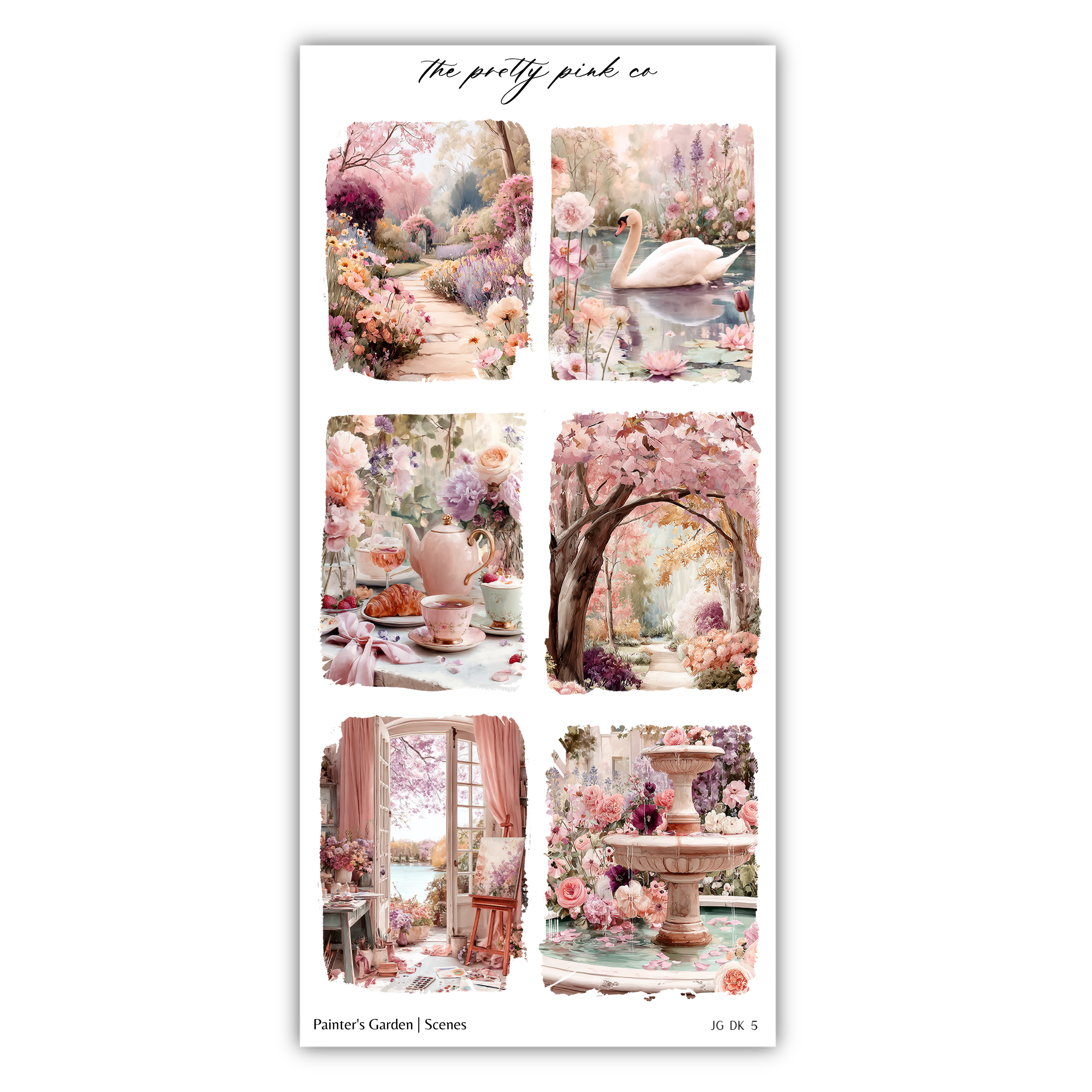 The image is a collage of six pictures depicting various scenes from a painter's garden, including a pond, flowers, a fountain, and a cozy indoor setting.