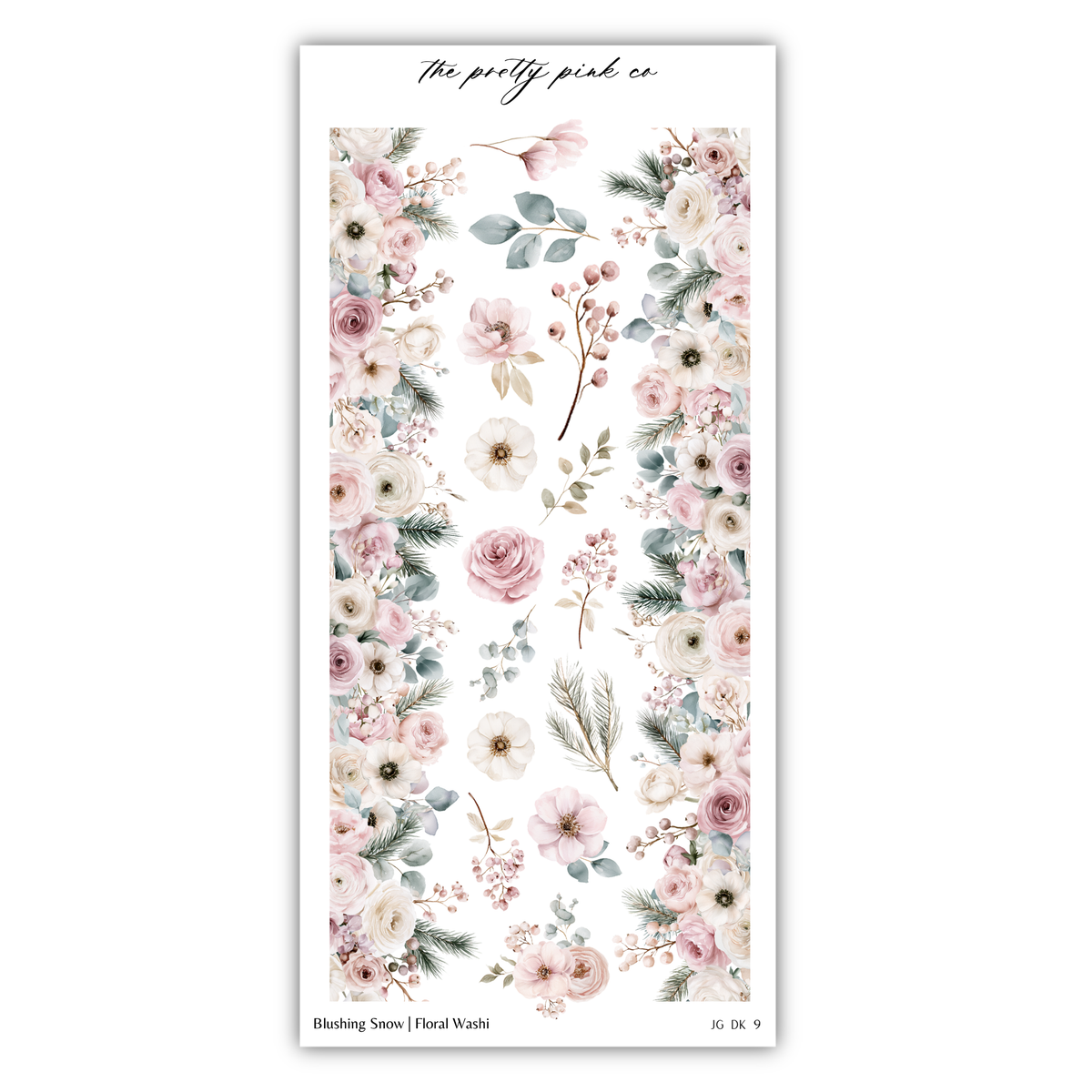 The image is a collage of various floral and botanical elements, including roses, leaves, and other flowers in shades of pink, white, and green. The collage is arranged in a vertical format, with the elements overlapping each other to create a visually appealing and harmonious composition.