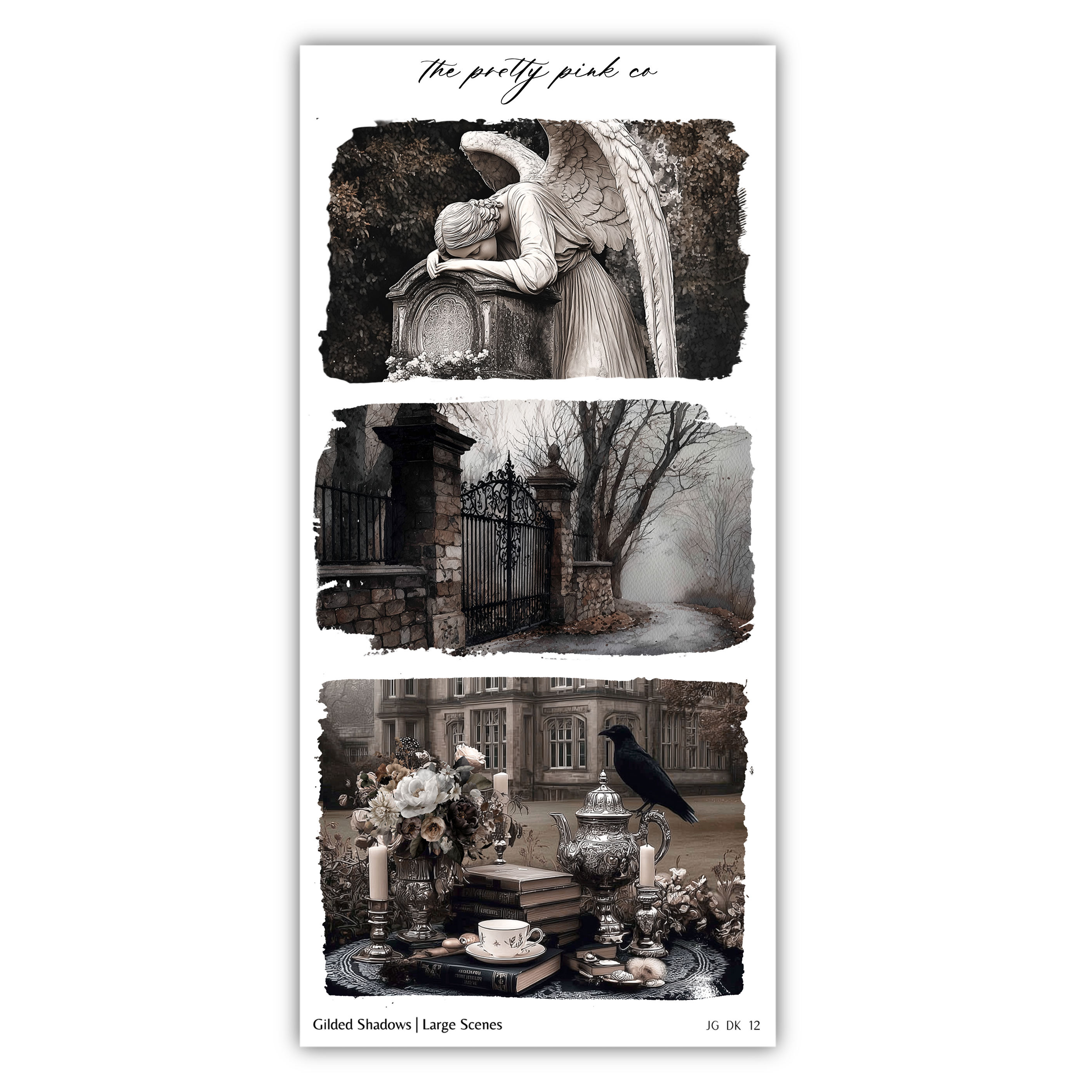 The image is a collage of three separate scenes, each depicting a different aspect of a Gothic-style setting. The first scene shows an angel resting on a stone pedestal, the second scene depicts a stone gate, and the third scene features a bird perched on a table with various objects.