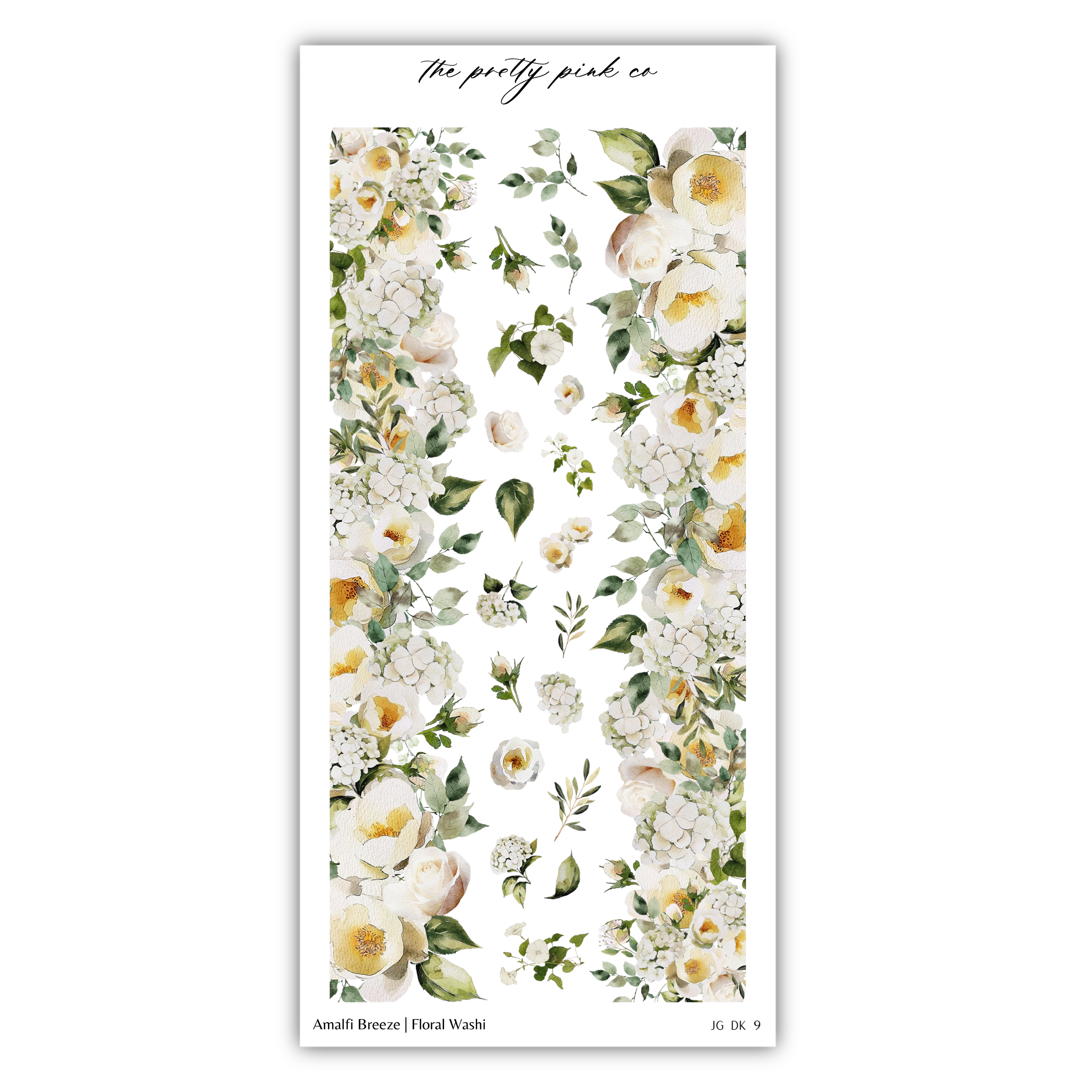 The image is a collage of various floral designs, including white and yellow flowers, leaves, and greenery. The collage is titled "The pretty pink co" and includes the text "Amalfi Breeze / Floral Wash".