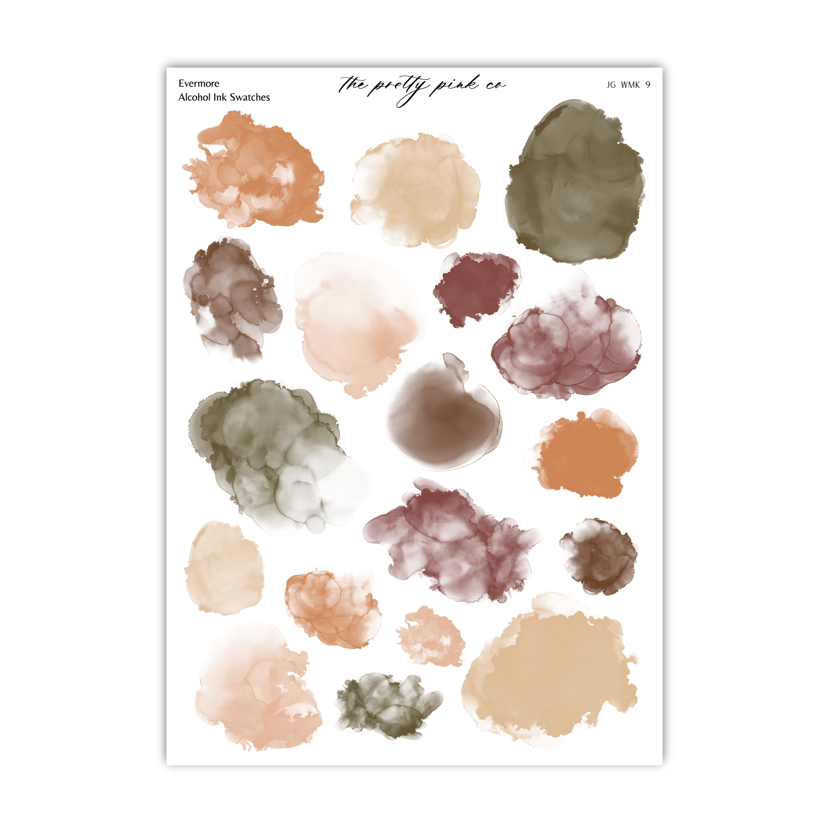 a collection of abstract watercolor brushstrokes in various shades of brown, beige, and green, arranged in a grid-like pattern.