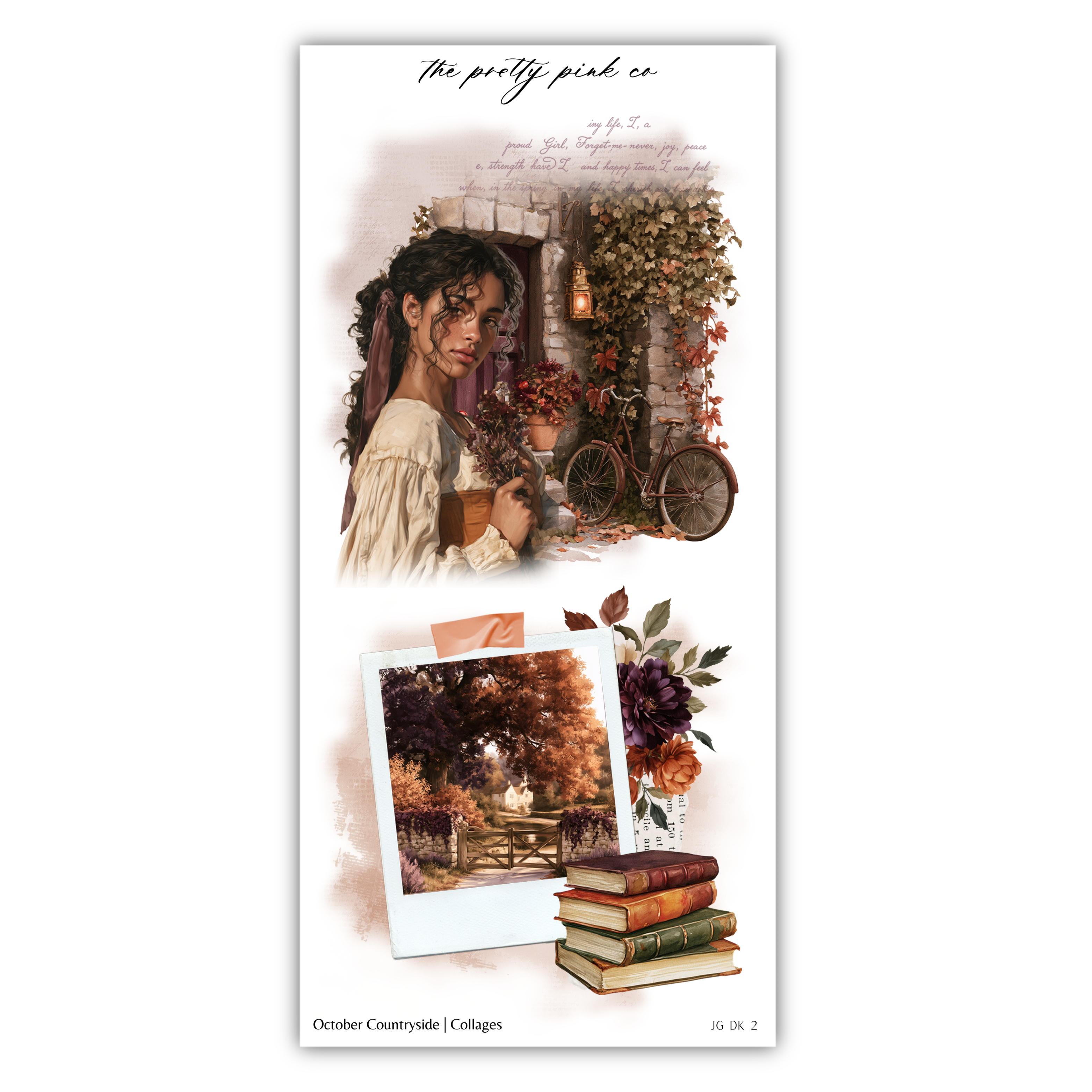 The image is a collage featuring a woman in a white dress, a bicycle, a vase of flowers, books, and a tree.