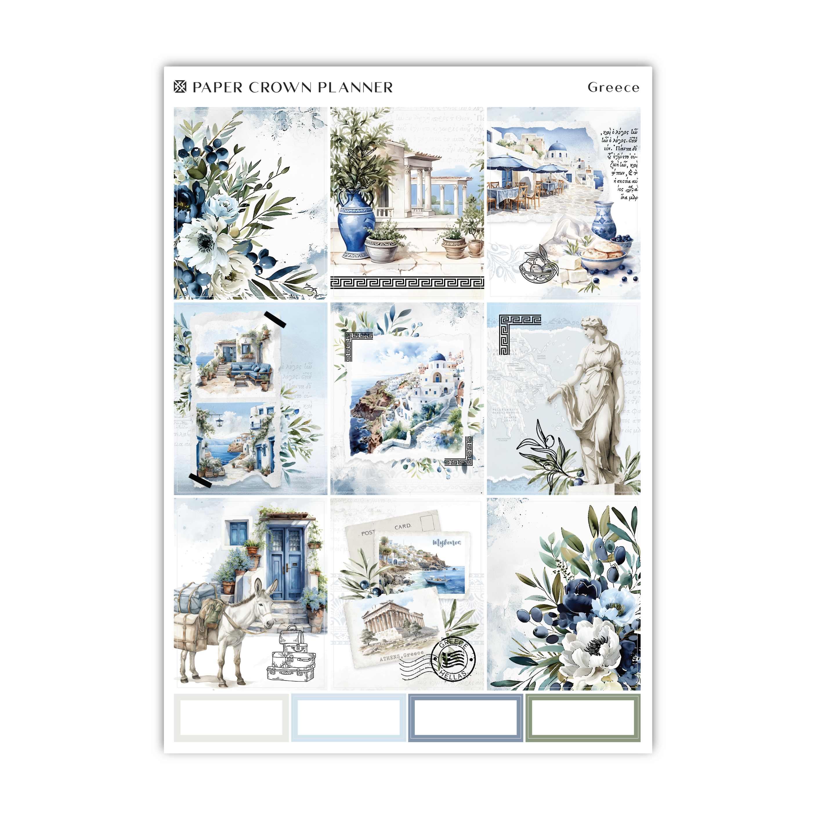 a sheet of paper with blue and white images