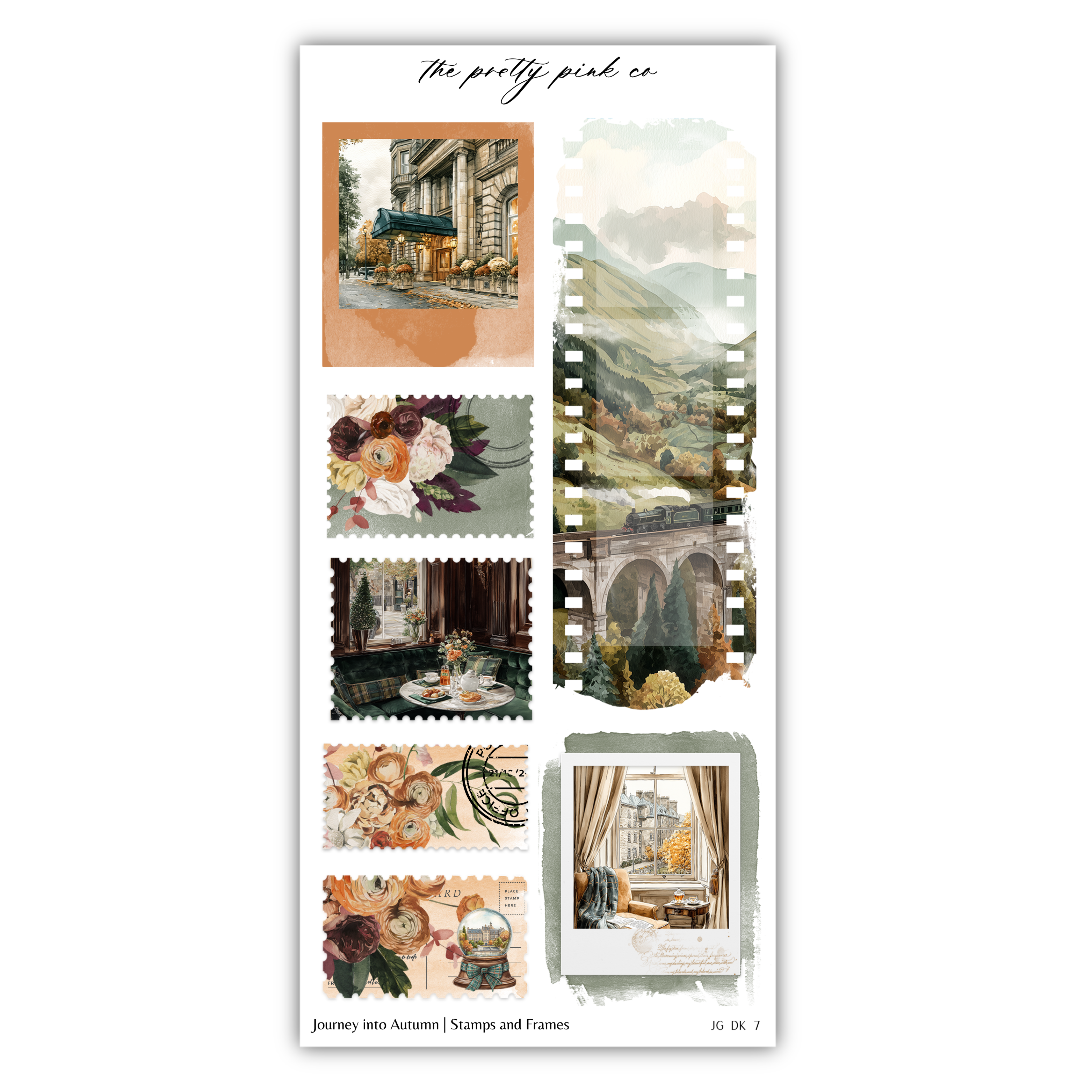 The image is a collage of various artistic and decorative elements, including a watercolor painting of a building, a floral arrangement, a landscape scene, and a still life composition.