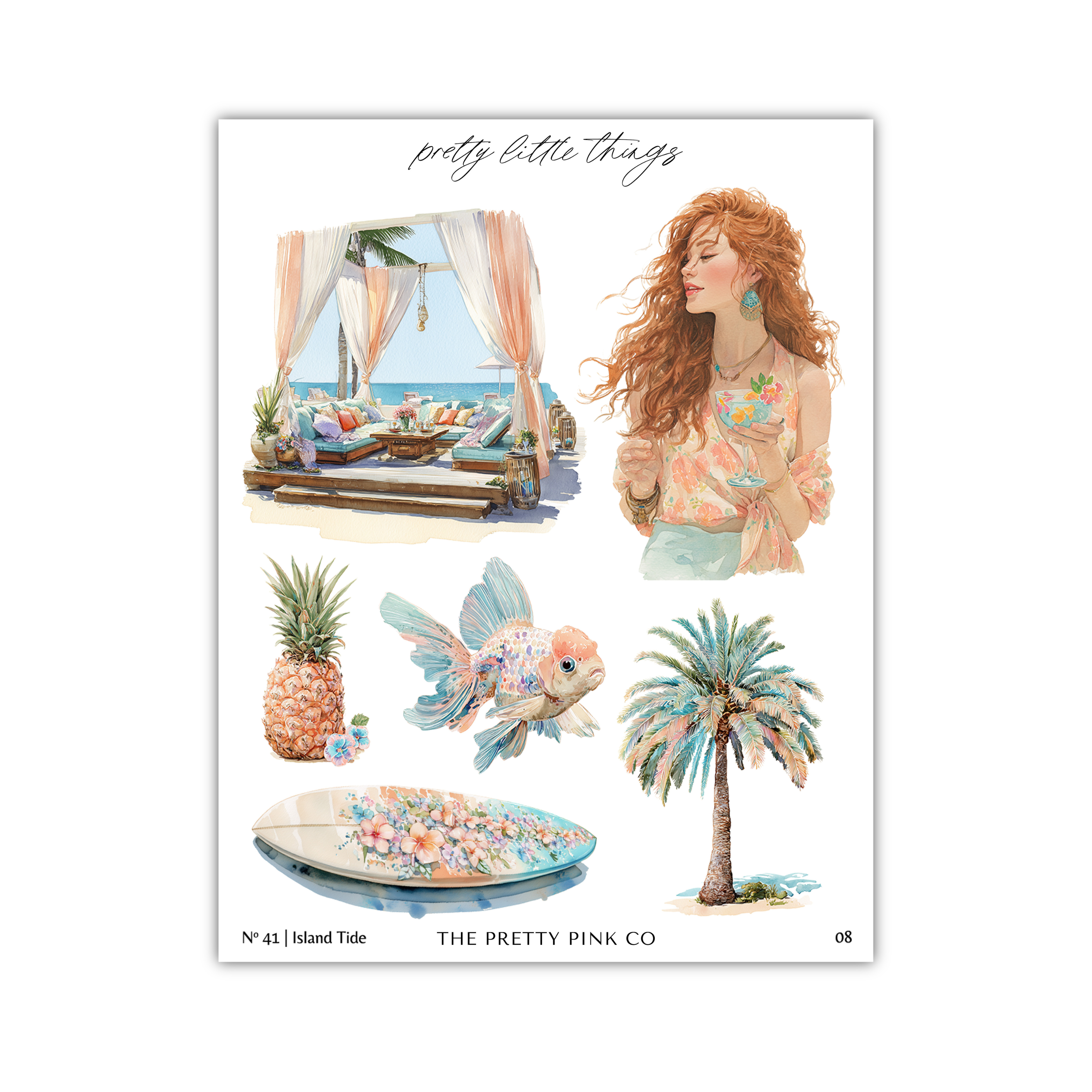 The image is a collage of various tropical and beach-themed elements, including a woman with long red hair, a palm tree, a pineapple, a fish, and a surfboard.