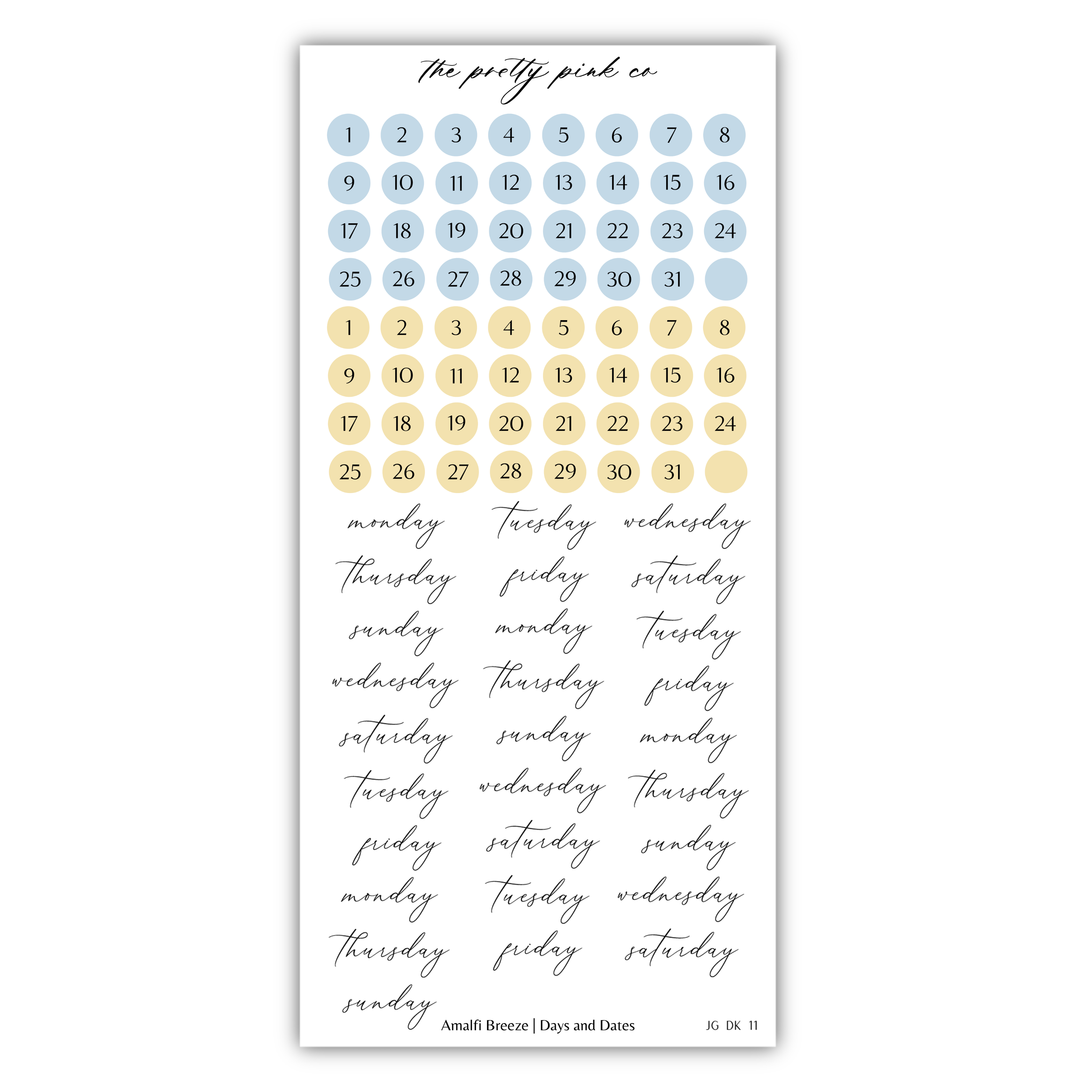 The image is a calendar with a grid of blue circles representing days of the week and yellow circles representing dates. The calendar is titled "The pretty pink co" and includes days and dates.