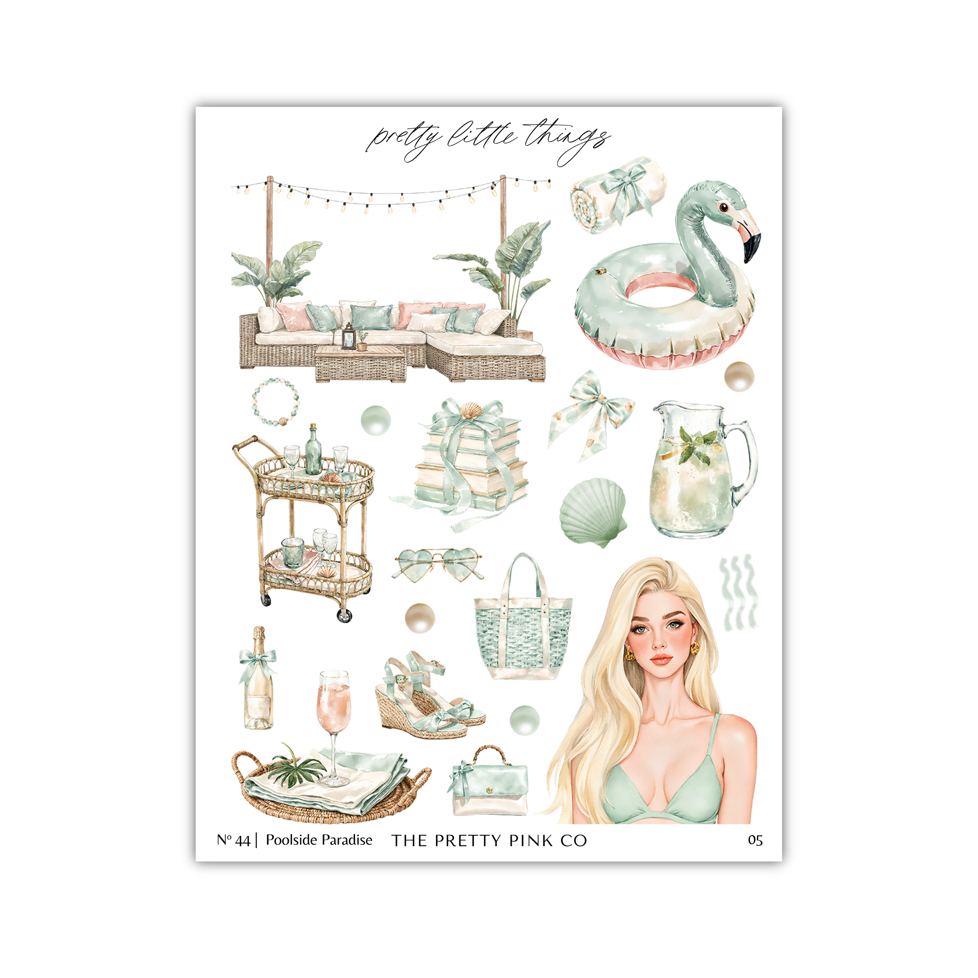 The image is a collage of various objects and a woman's portrait, including a sofa, a flamingo, a pool float, a handbag, a wine glass, a beach towel, and a woman's portrait.