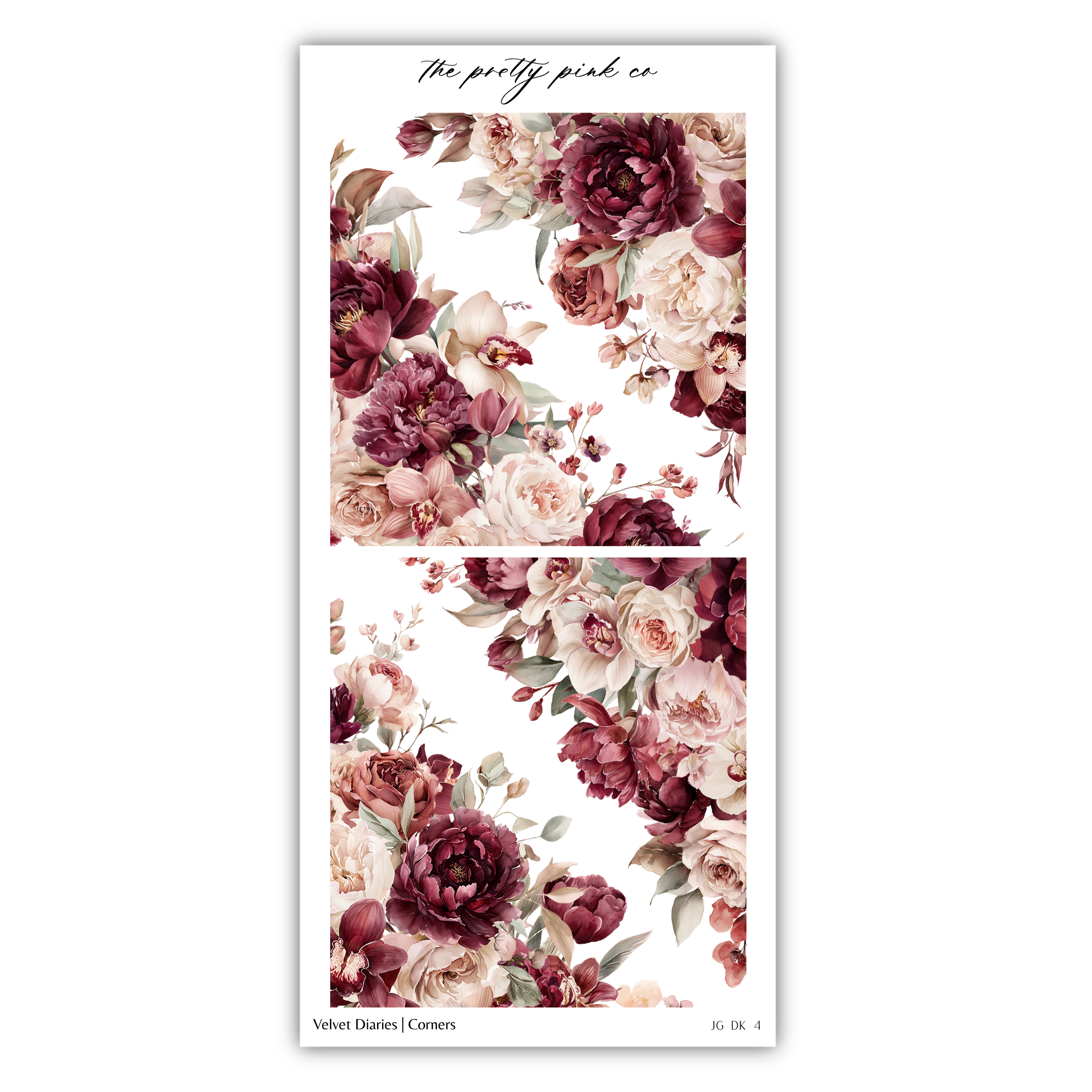 The image is a collage of two floral images featuring a variety of flowers, including roses, peonies, and other blooms in shades of burgundy, pink, and white.