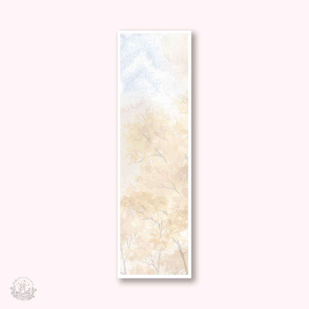 The image is a vertical watercolor painting depicting a serene landscape with trees and a sky.
