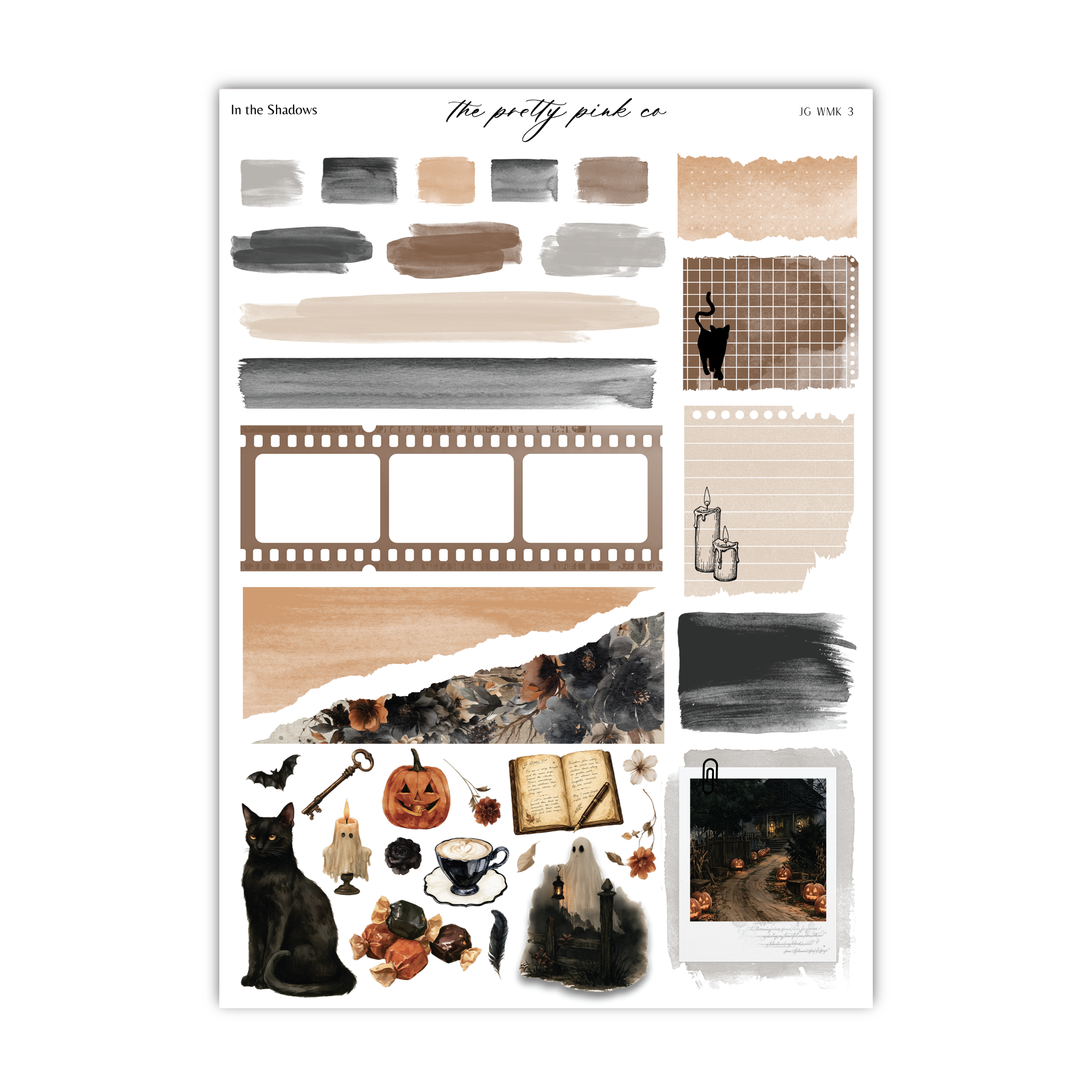 various Halloween-themed elements, including a black cat, a pumpkin, a skeleton, and other spooky items. The image also includes a film strip, a candle, and a photograph of a Halloween scene.