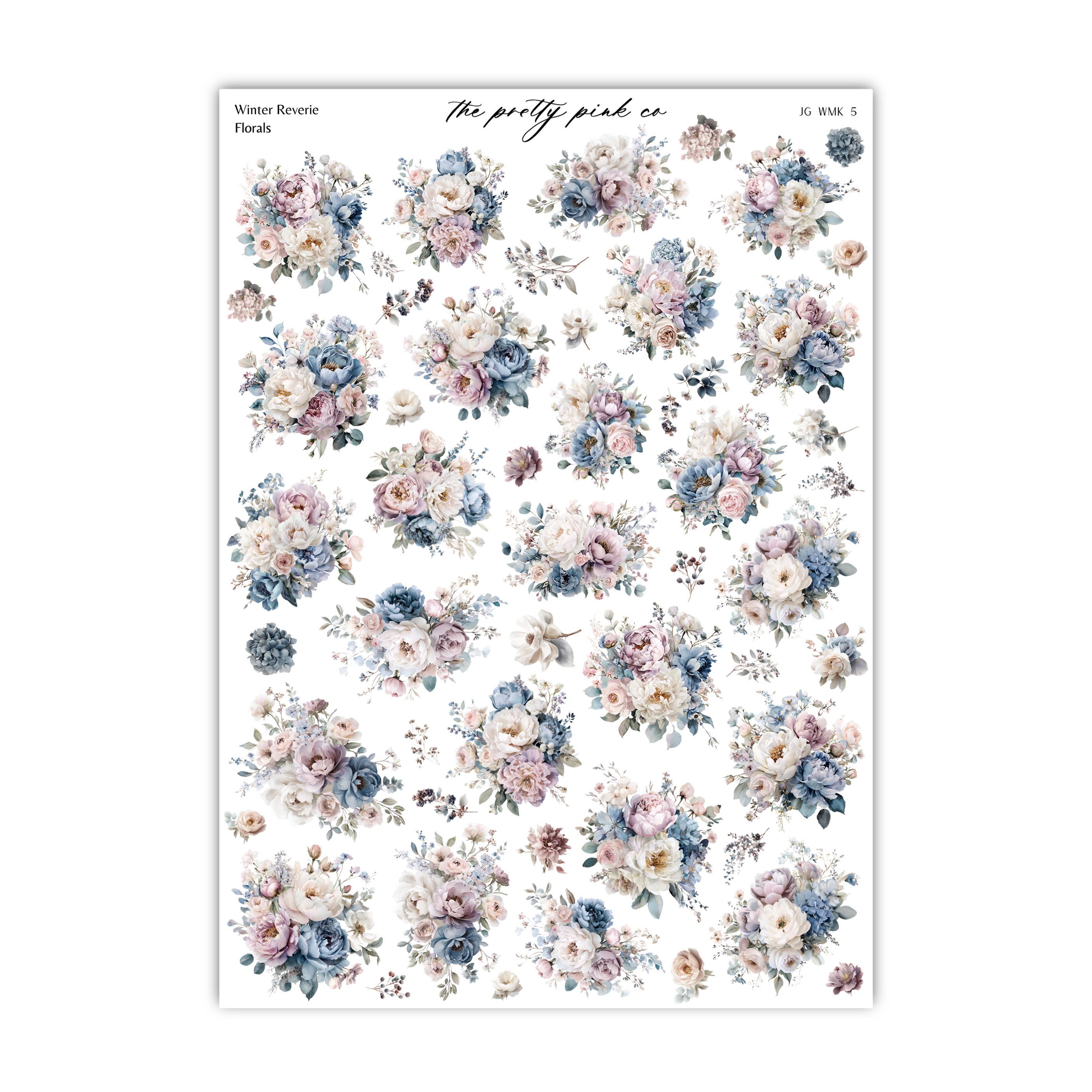 a collection of floral designs, including various types of flowers and plants, arranged in a grid-like pattern. The designs are predominantly in shades of blue, pink, and white, creating a visually appealing and harmonious composition.