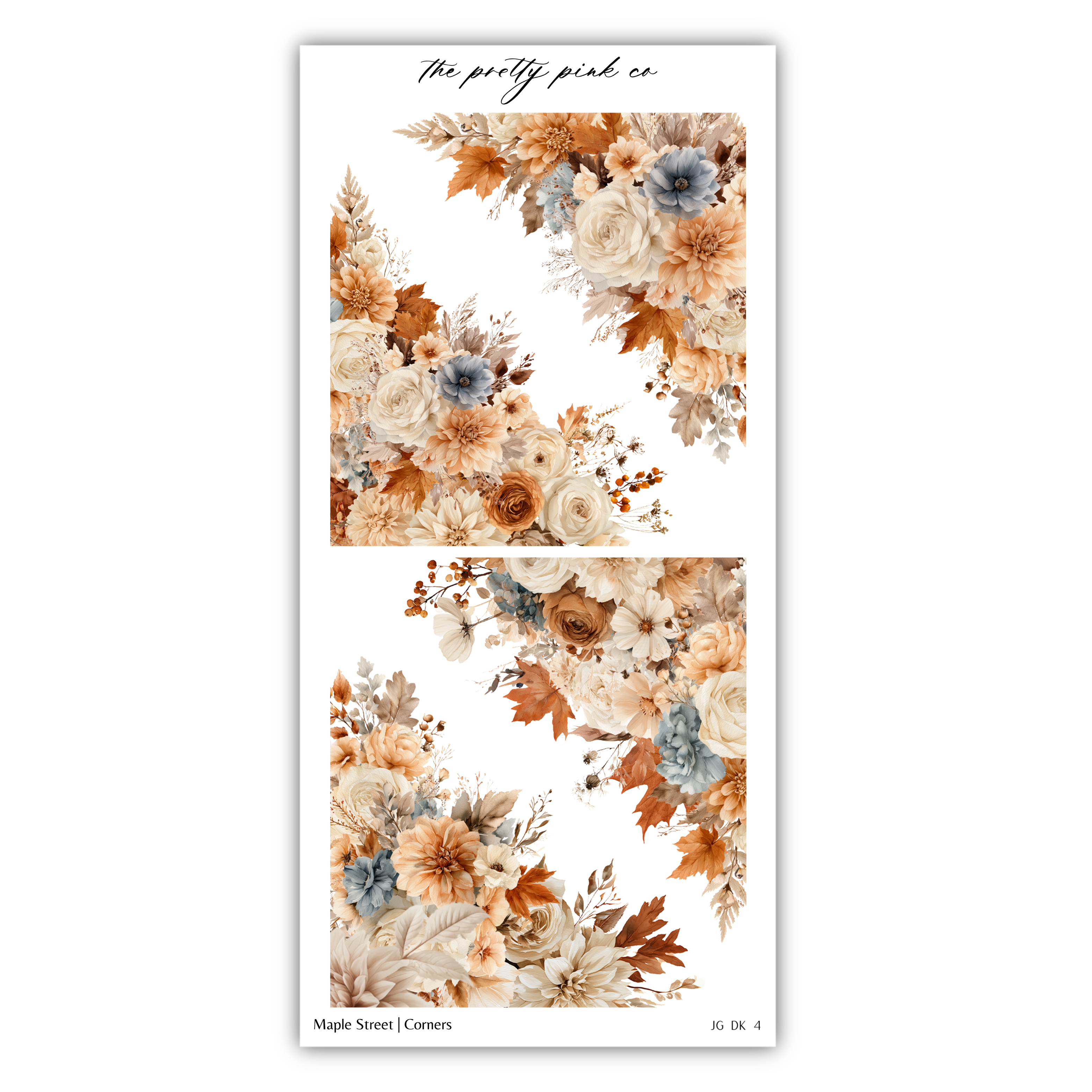 The image is a collage of two floral images, each featuring a variety of flowers in shades of orange, white, and beige. The images are arranged in a vertical orientation, with the top image being slightly larger than the bottom one. The collage is titled "Maple Street (Corner)" and includes the text "The pretty pink co" at the top.