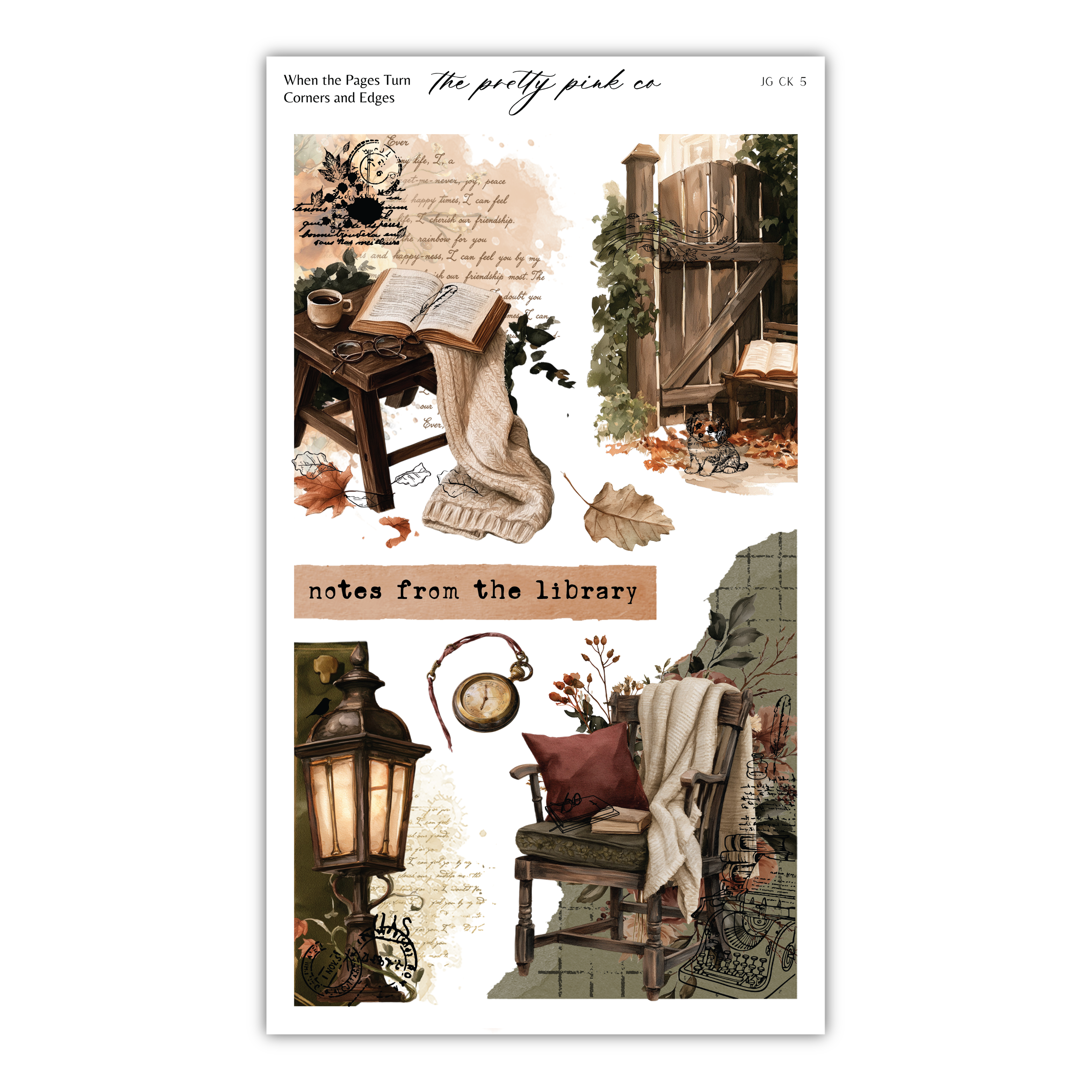The image is a collage of various objects and scenes related to a library, including books, chairs, lanterns, and leaves.