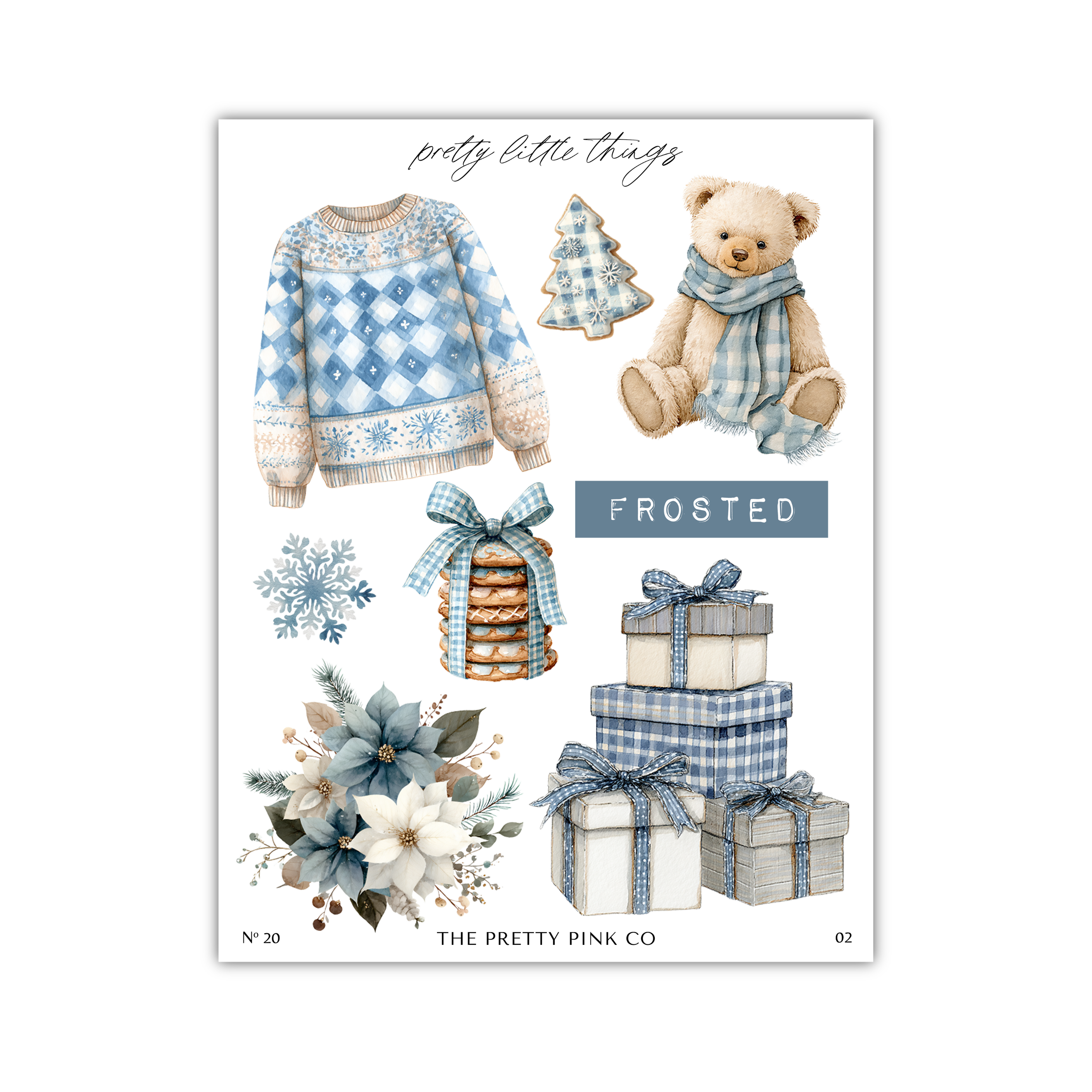 various winter-themed items, including a sweater, a teddy bear, gift boxes, a flower, and a snowflake.