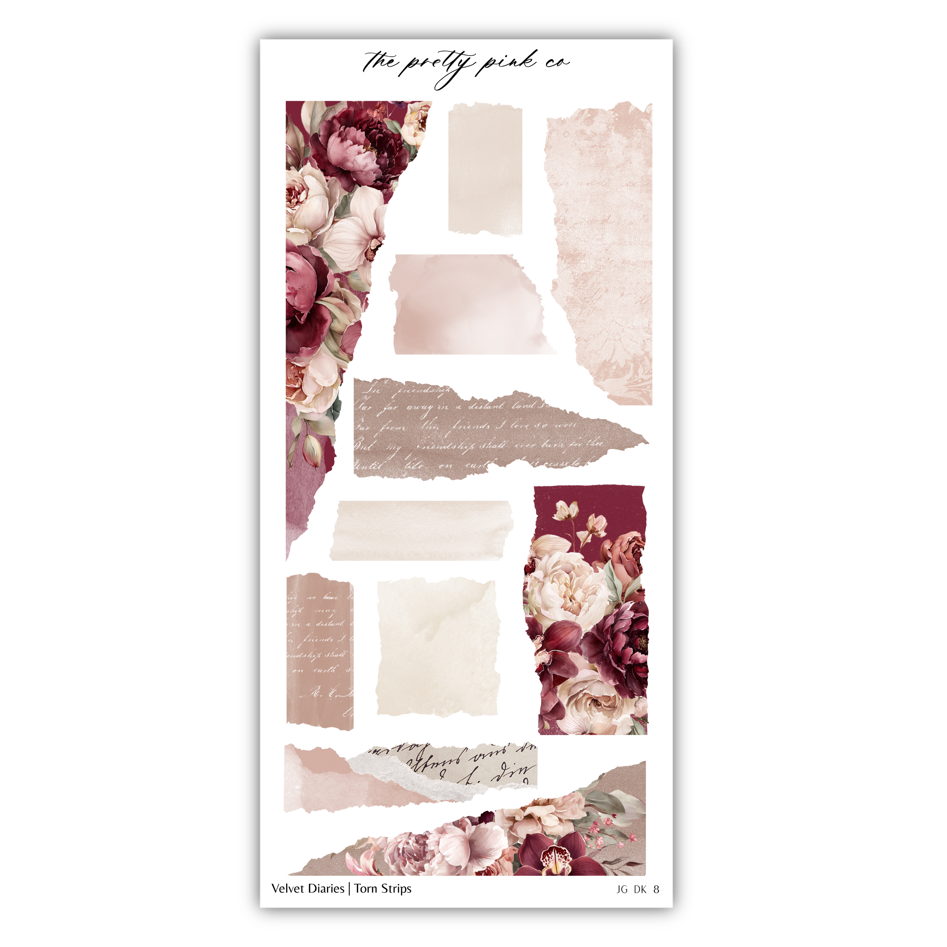 The image is a collage of various floral and text-based elements, including torn strips, flowers, and handwritten text.