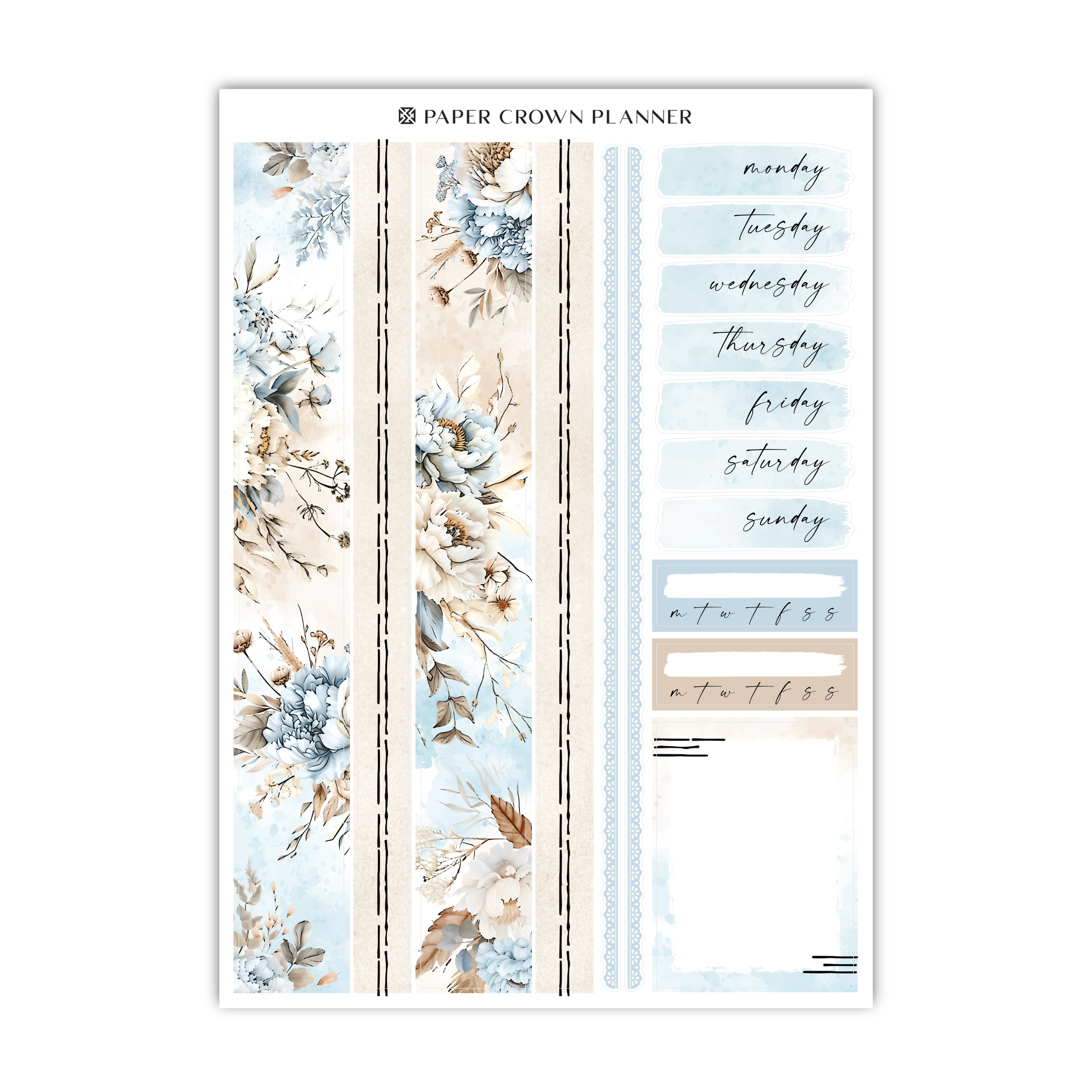 a blue and white floral planner sticker