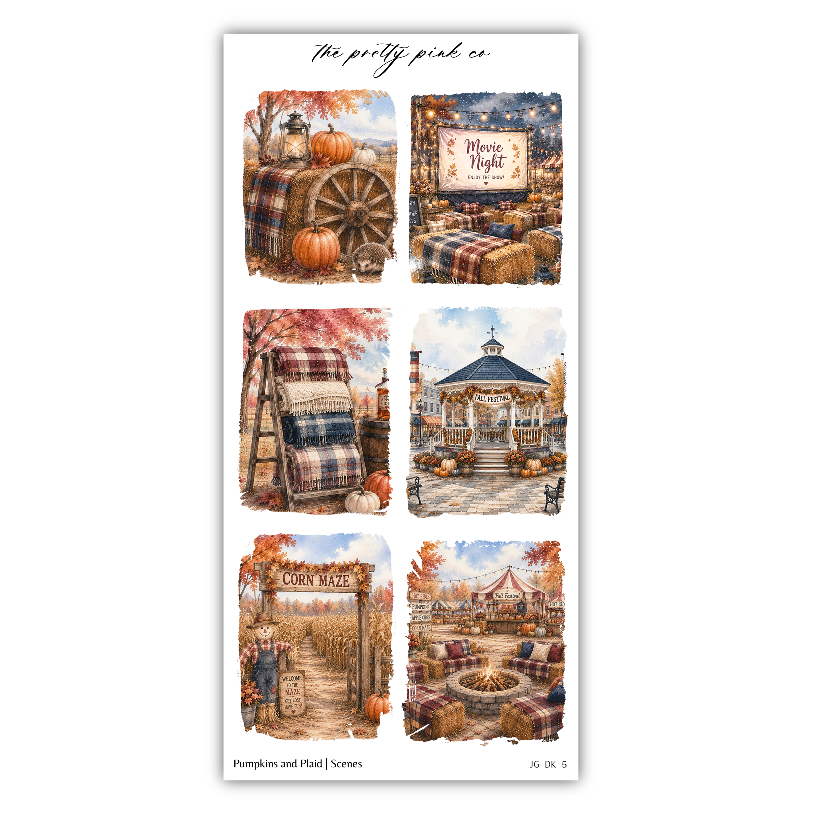 The image is a collage of six different scenes depicting various fall-themed elements, including pumpkins, hay bales, a gazebo, and a sign for a movie night.