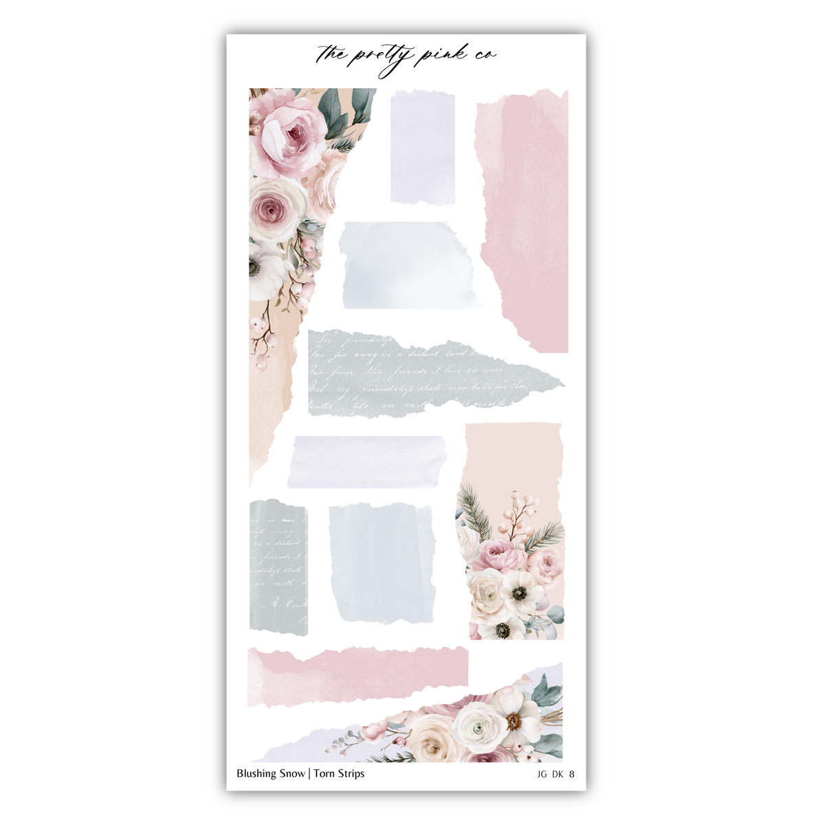 The image is a collage of various floral and abstract elements, including pink and white flowers, leaves, and abstract shapes in shades of pink, white, and gray.