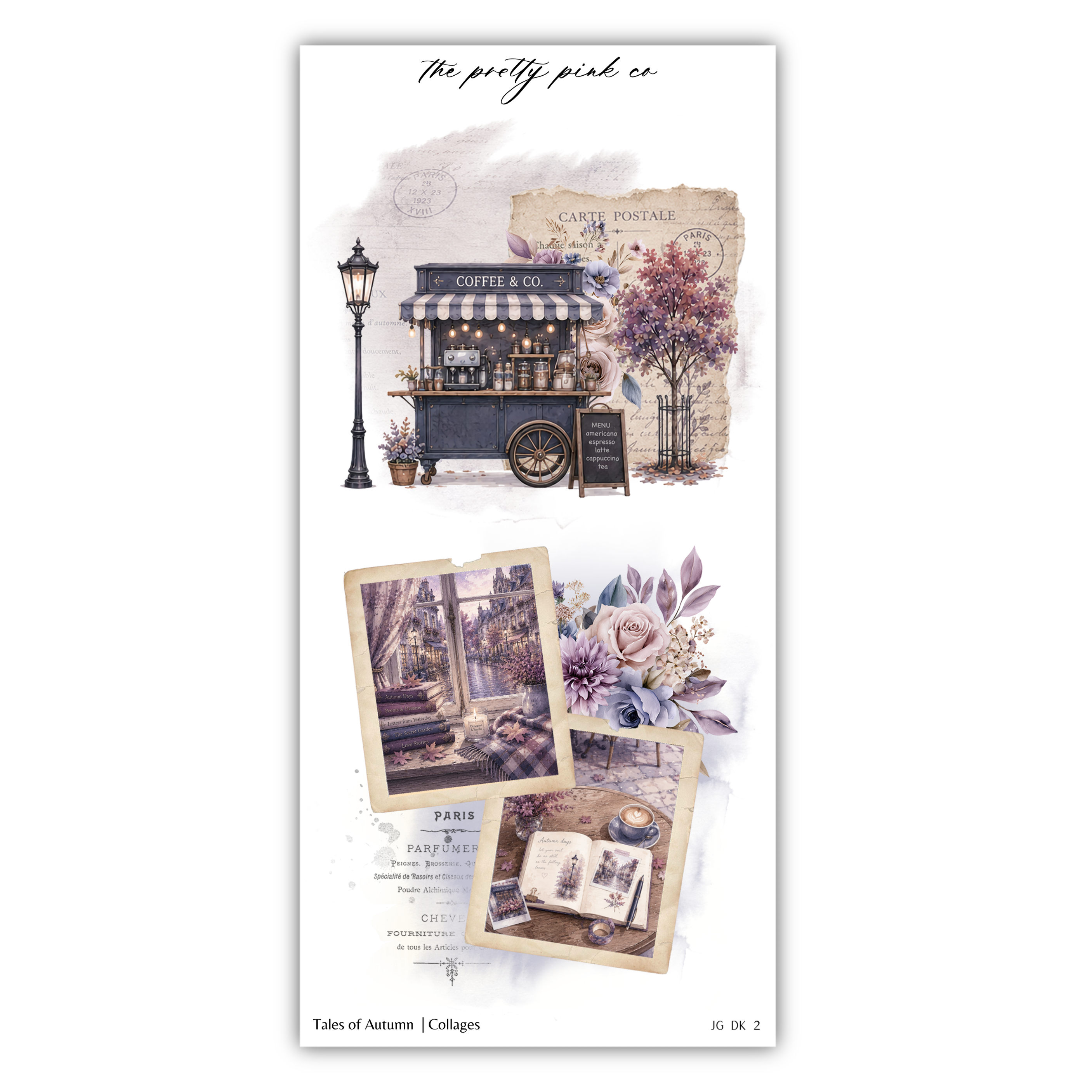 The image is a collage of various artistic elements, including a vintage-style coffee cart, a floral arrangement, and a vintage-style sign. The collage is titled "The pretty pink co" and includes a Parisian-themed image, a collage of autumn-themed images, and a collage of a book and a cup.