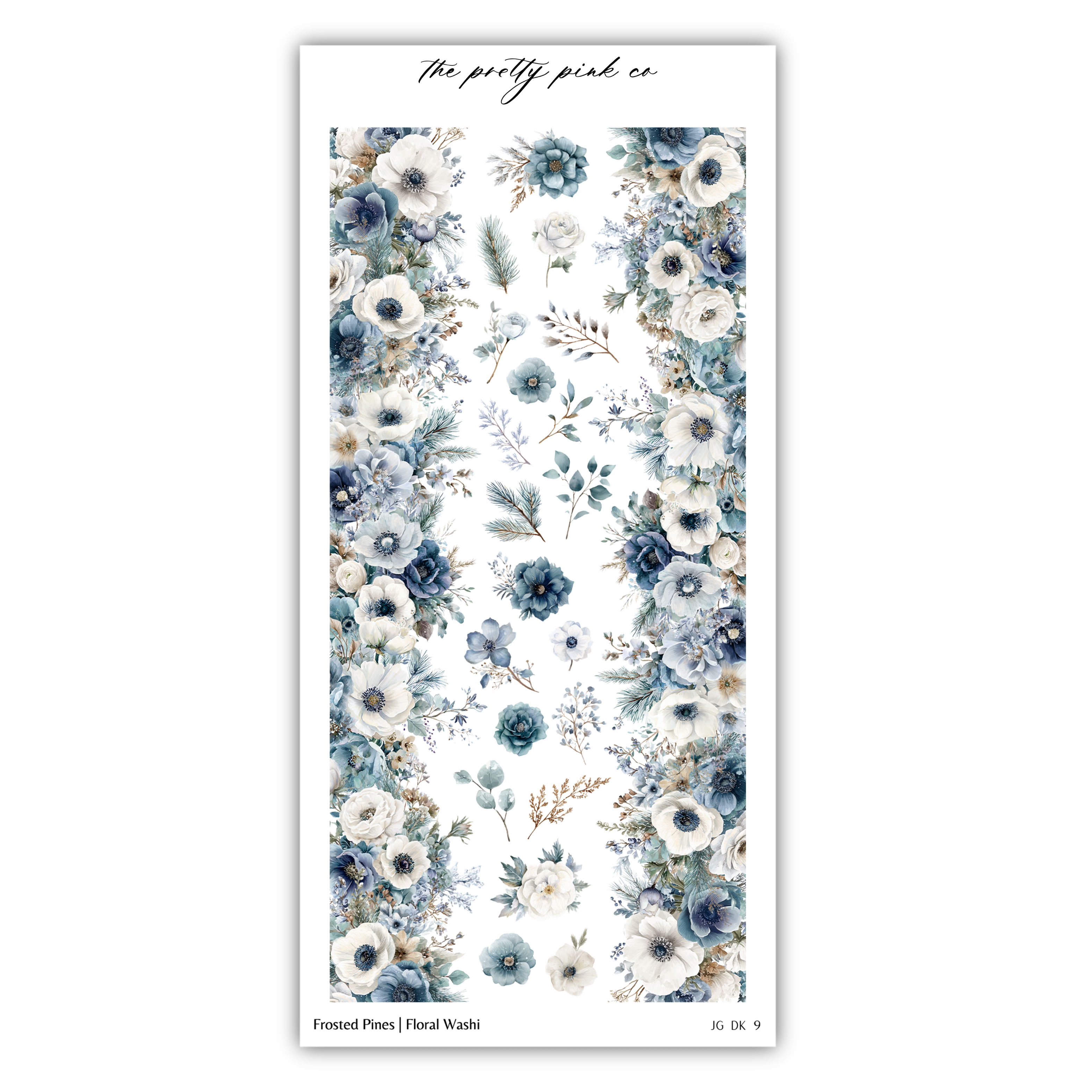 The image is a vertical arrangement of various blue and white flowers and foliage, creating a visually appealing and harmonious design.
