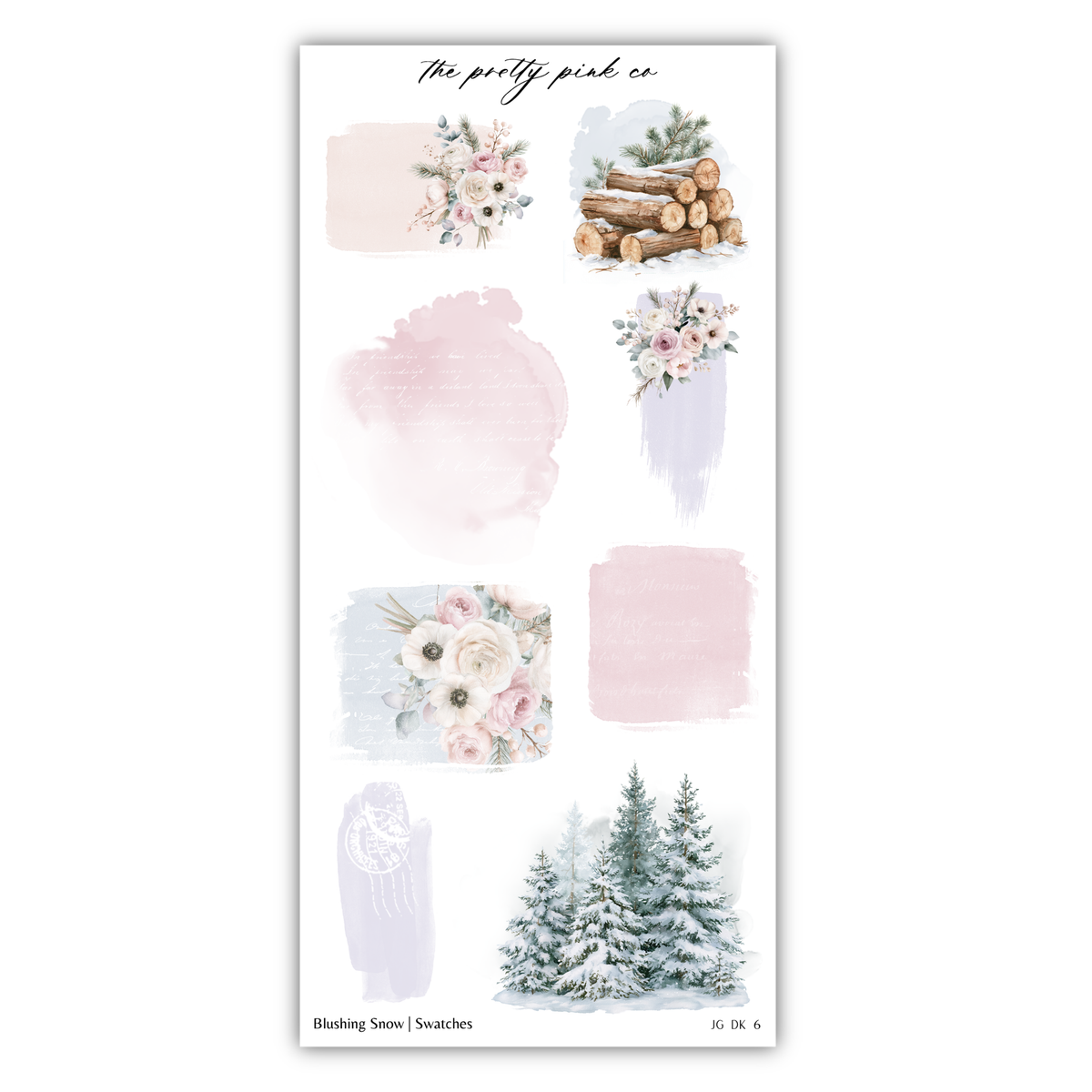 various watercolor-style illustrations of flowers, pine trees, and a snowy landscape, as well as a pile of wood.