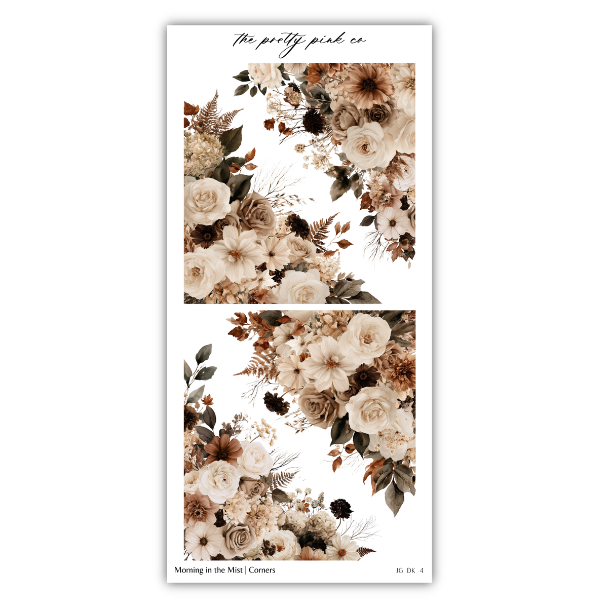 The image is a collage of two floral images, each featuring a variety of flowers and foliage. The flowers are predominantly white and brown, creating a harmonious and visually appealing composition. The collage is titled "Morning in the Mist" and includes the text "The pretty pink co" at the top, suggesting that the images were created by the company.