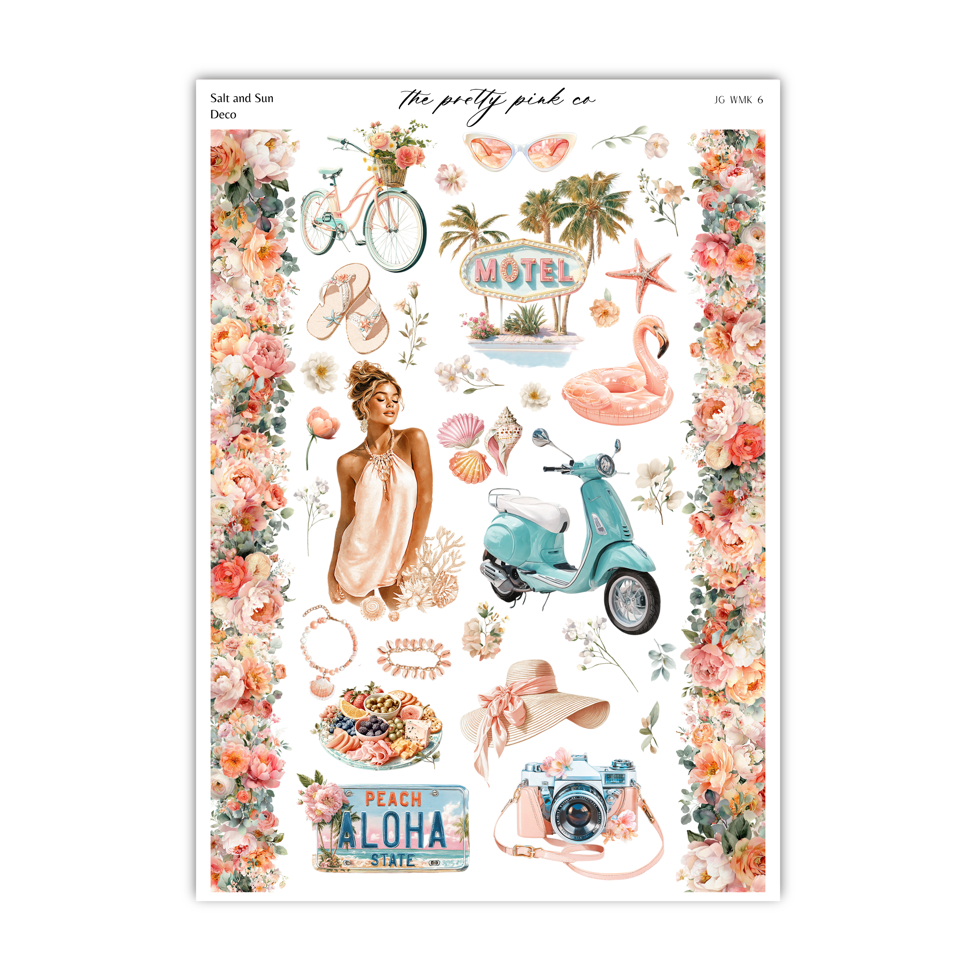 The image is a collage of various colorful and whimsical images, including a woman, a bicycle, a motel sign, a pink flamingo, a motorcycle, a pink surfboard, a camera, and a hat. The collage is framed by a border of flowers, creating a visually appealing and vibrant composition.