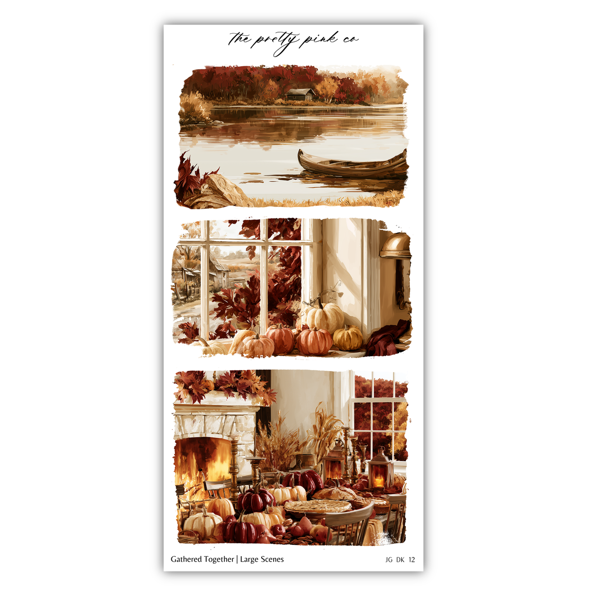 The image is a collage of three pictures depicting a serene autumn scene, including a lake, a fireplace, and a pumpkin patch.