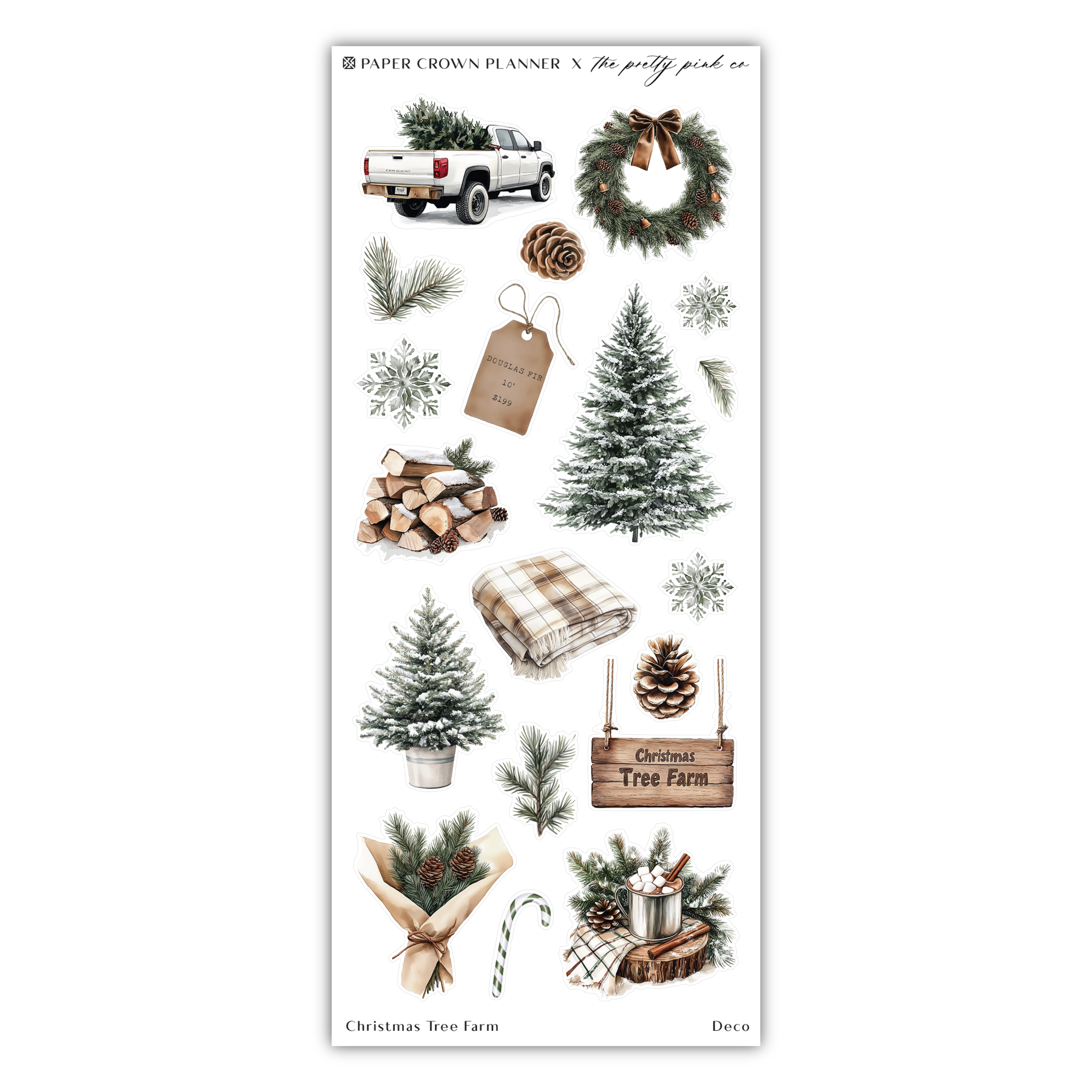 a sticker of christmas decorations and trees