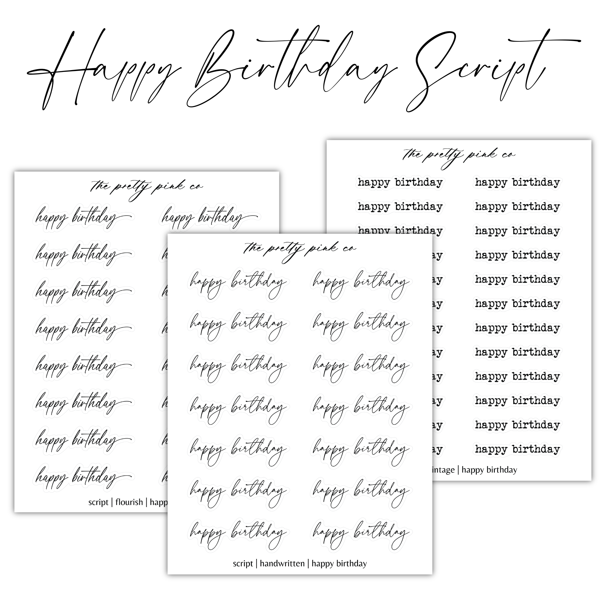 a set of three happy birthday cards with the words happy birthday written on them