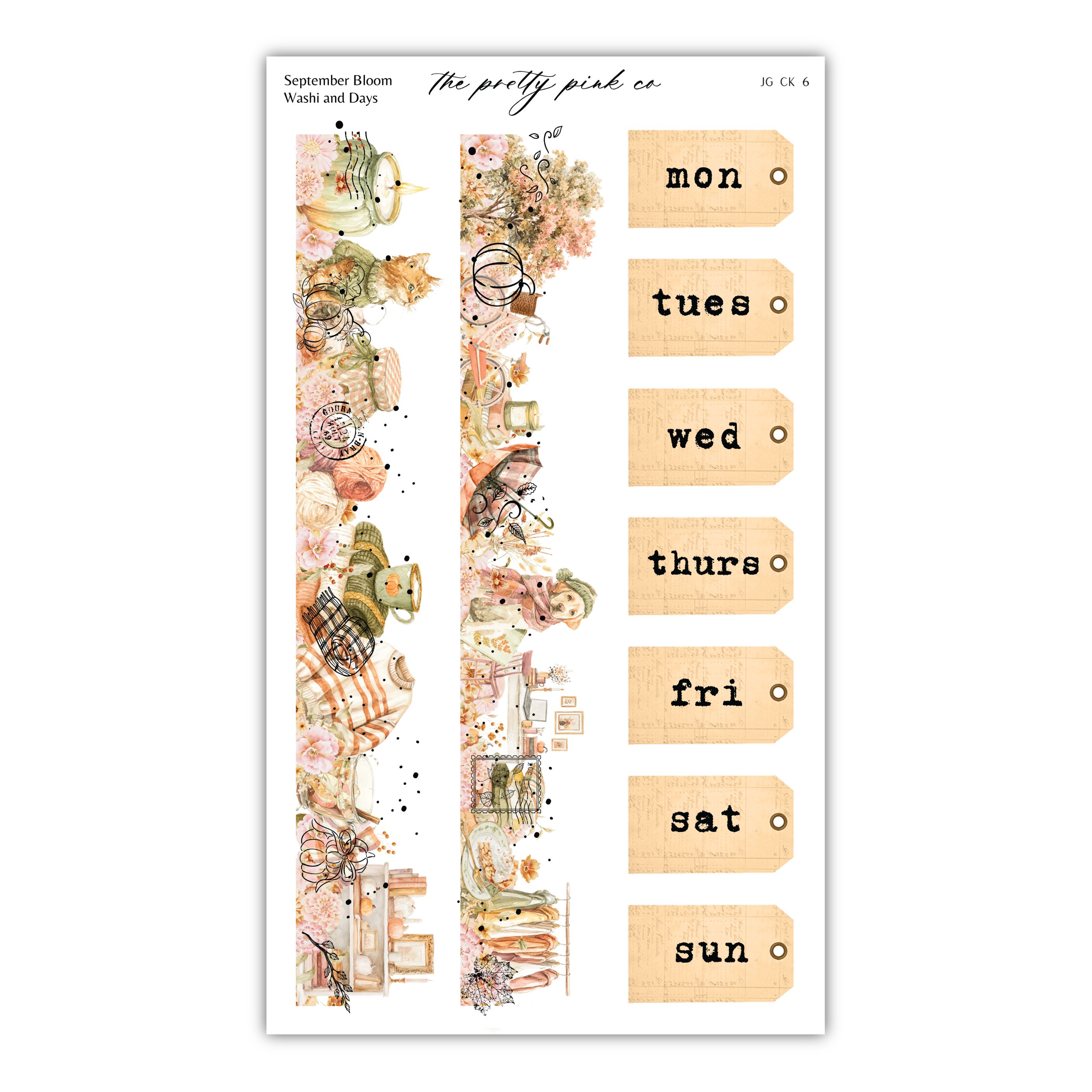 The image is a collage of various images, including a floral pattern, a bird, and a person, arranged in a vertical format. The collage is titled "September Bloom Washi and Days" and includes a list of days of the week, such as "mon", "tues", "wed", "thurs", "fri", "sat", and "sun".