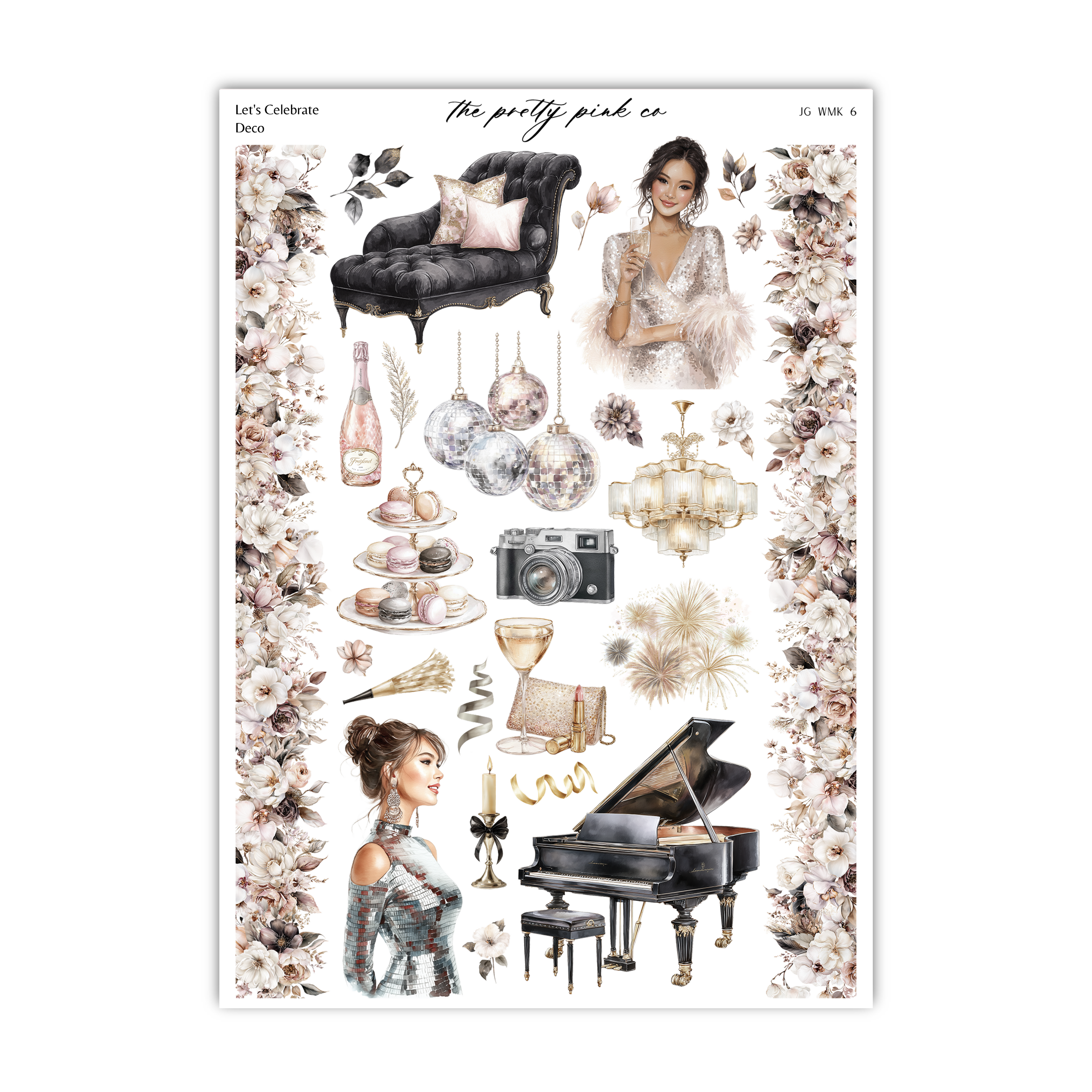 The image is a collage of various decorative and party-related items, including a chair, a woman, a camera, a champagne glass, a chandelier, and a piano. The collage appears to be a collection of images showcasing different elements of a party or celebration, such as floral arrangements, party decorations, and party favors.