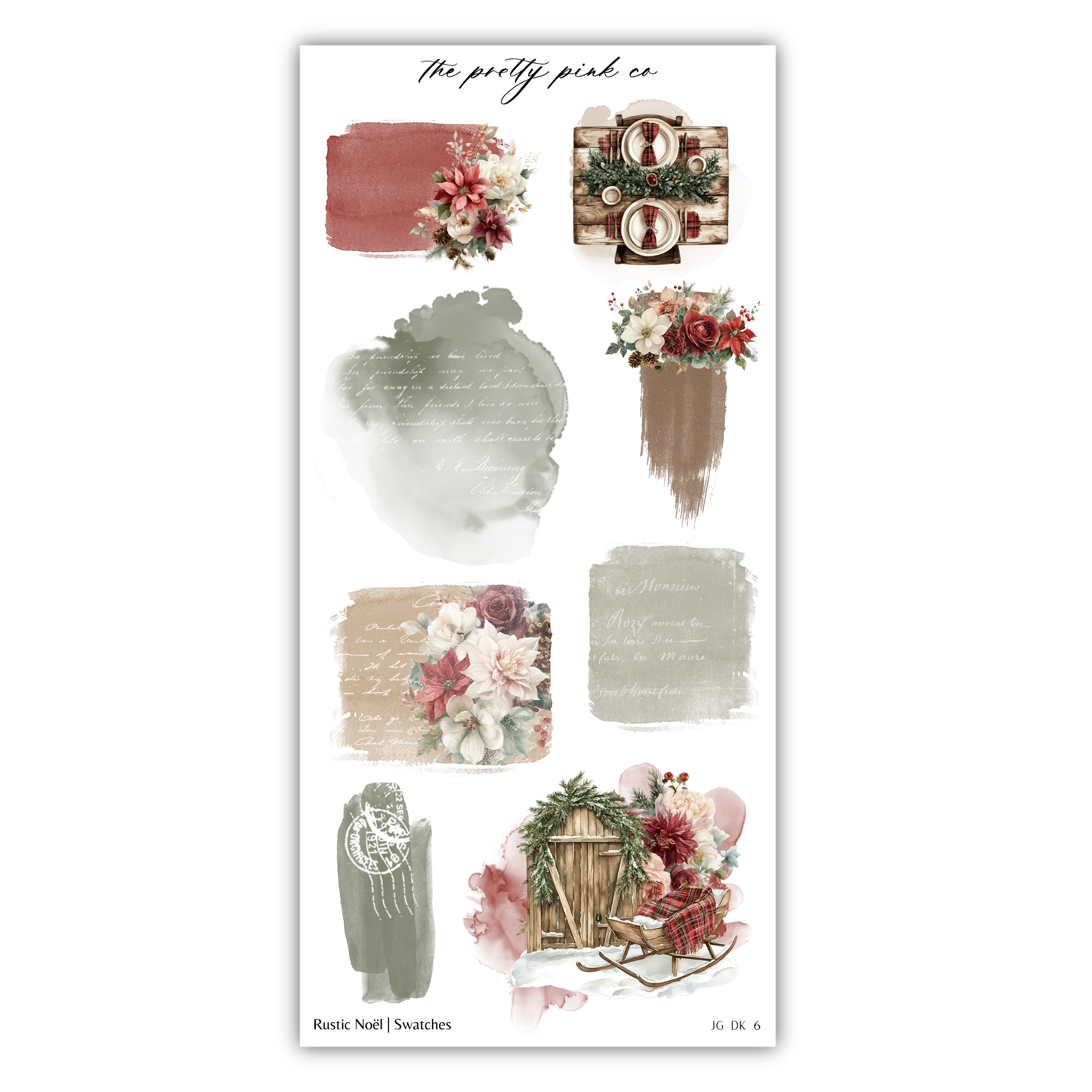 various floral and decorative elements, including a bouquet of flowers, a wreath, and a wooden structure. The image also includes text and brushstrokes, creating a visually appealing and artistic composition.