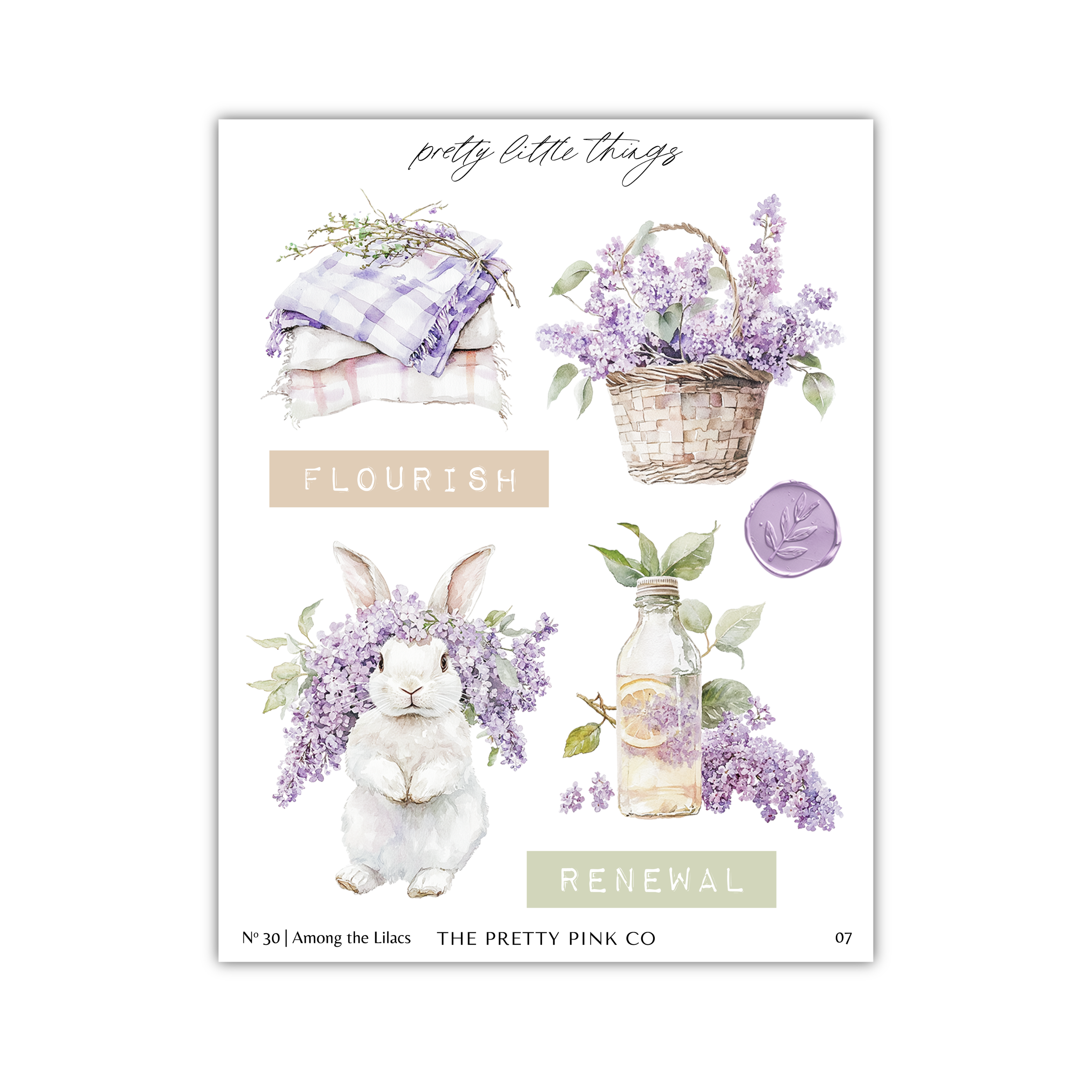 The image is a collage of four watercolor illustrations featuring a rabbit, a basket of flowers, a bottle of oil, and a bottle of lotion, all set against a white background.
