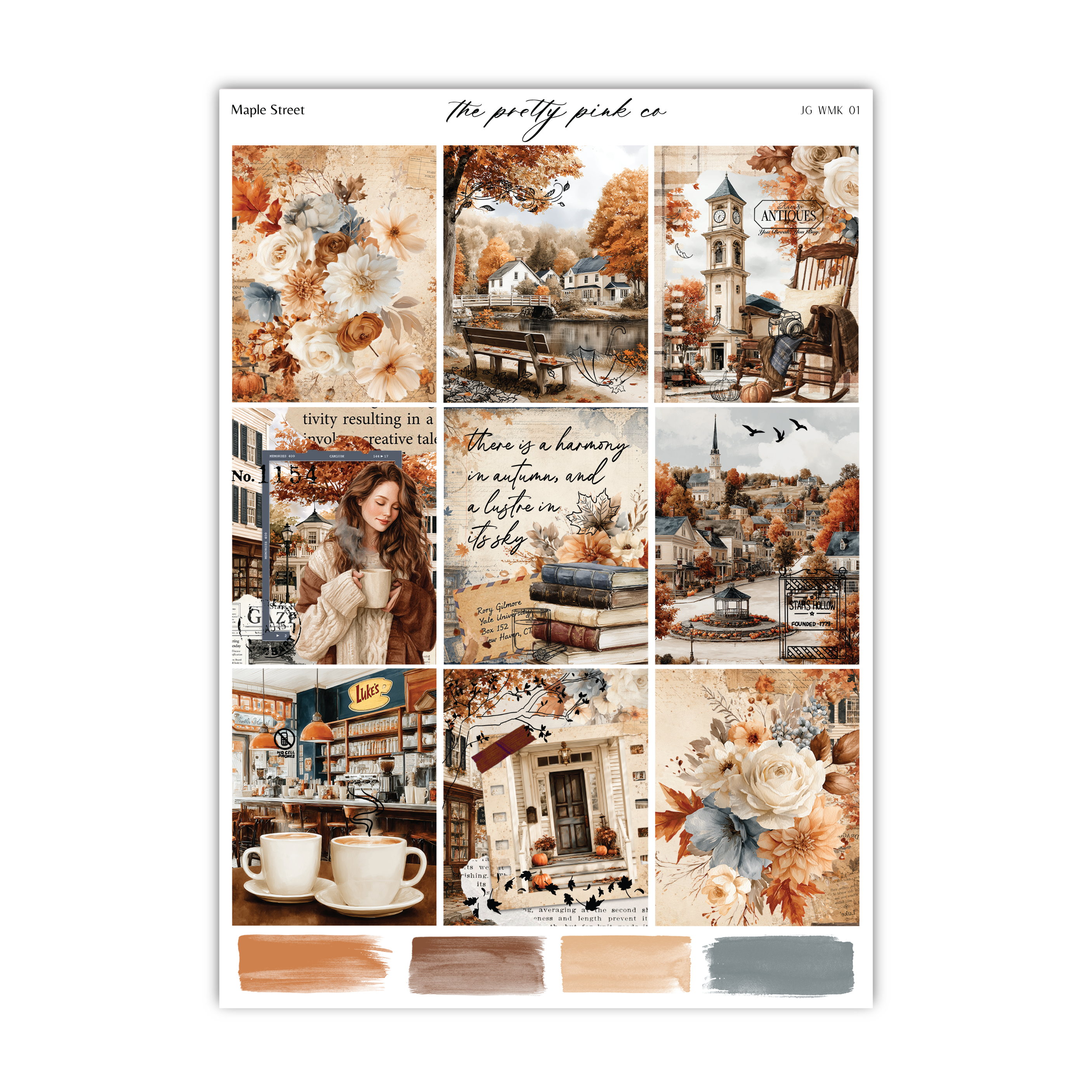 The image is a collage of various autumn-themed images, including a woman enjoying a cup of coffee, a clock tower, a book, flowers, and a sunset.