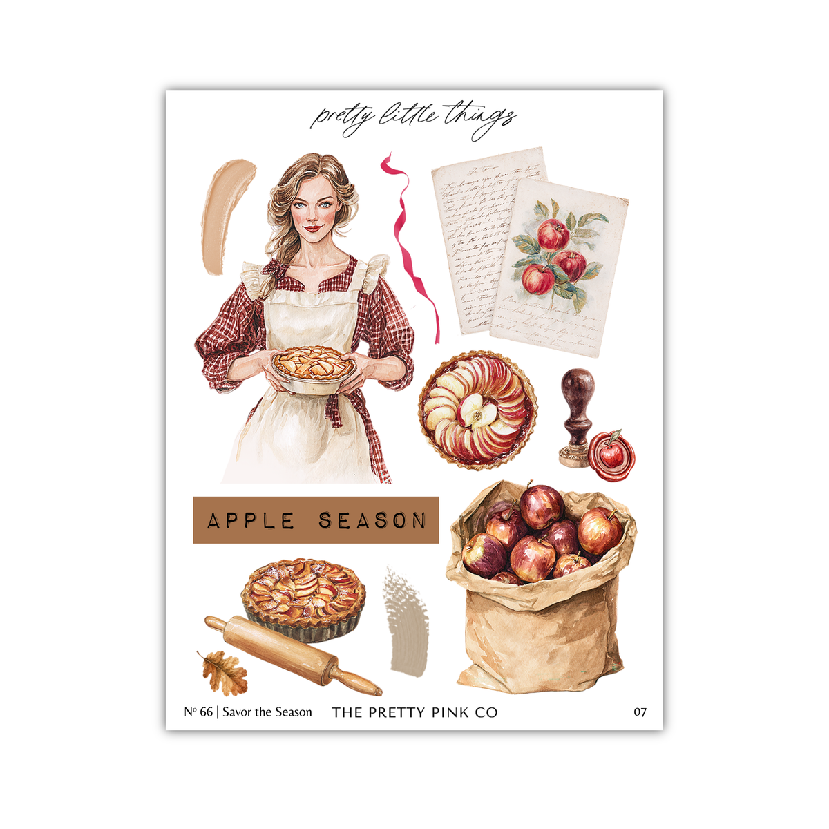 The image is a collage of various elements related to the theme of the "Apple Season". It includes a woman holding a pie, a bag of apples, a rolling pin, and a note. The collage also features illustrations of apples and a note, as well as a note that reads "Apple Season". The overall theme of the collage is focused on the appreciation of apples during the "Apple Season".