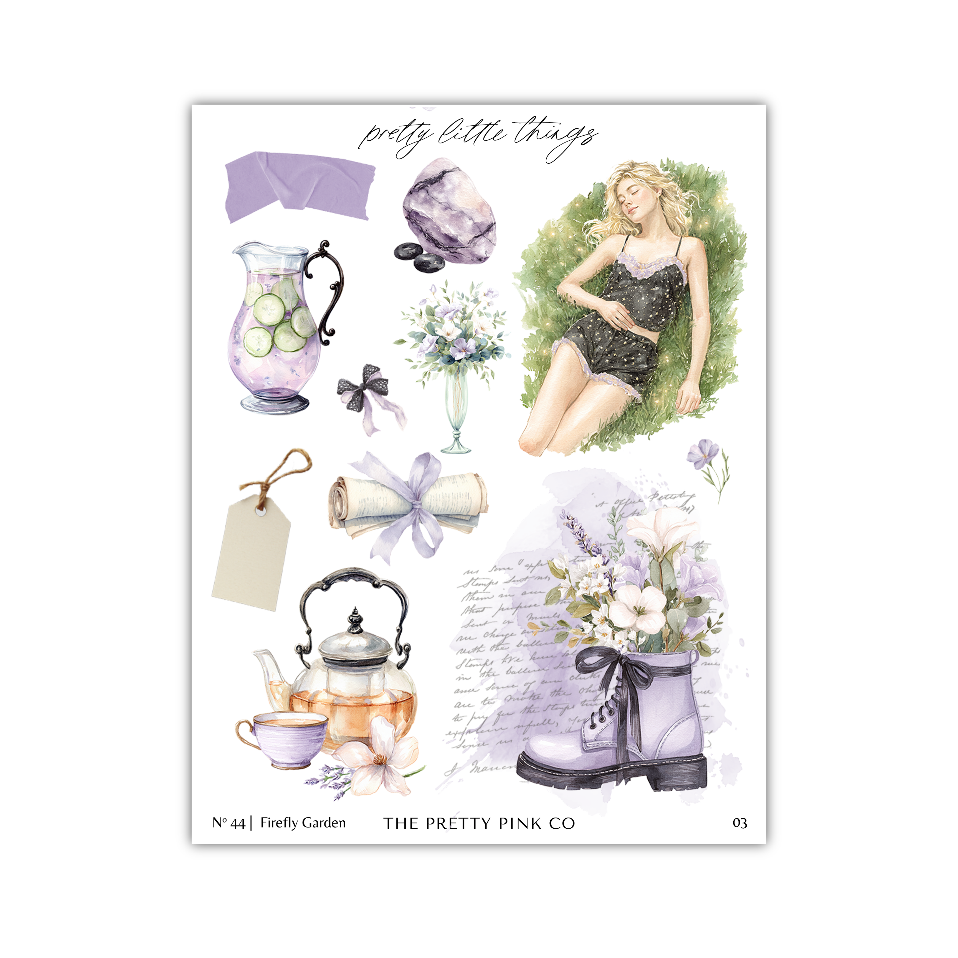 The image is a collage of various decorative items and illustrations, including a woman, flowers, a teapot, and other accessories, all set against a purple background.