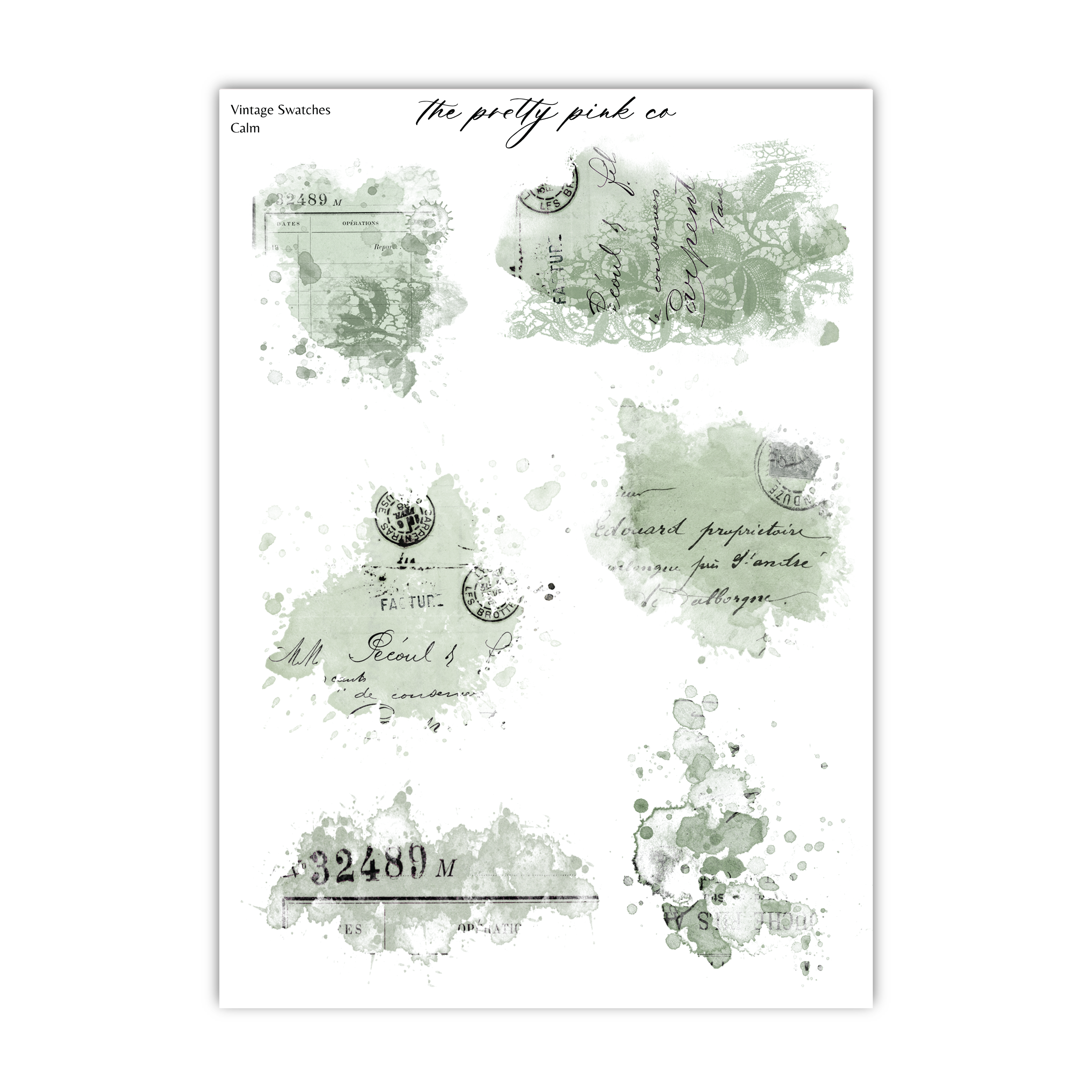 various watercolor splatters and stains in shades of green and gray, along with some handwritten text and numbers. The image appears to be a collage or a collection of individual elements, and there is no need to describe each one individually. The key focus should be on the overall composition and the visual impact created by the combination of the splatters, stains, and handwritten text.