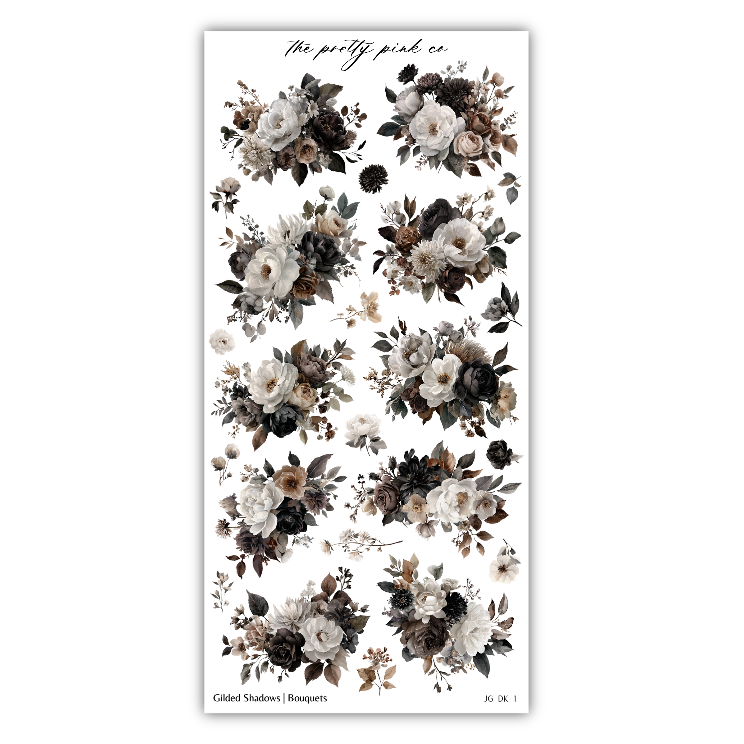 a collection of floral arrangements, including various types of flowers and foliage, arranged in a grid-like pattern.