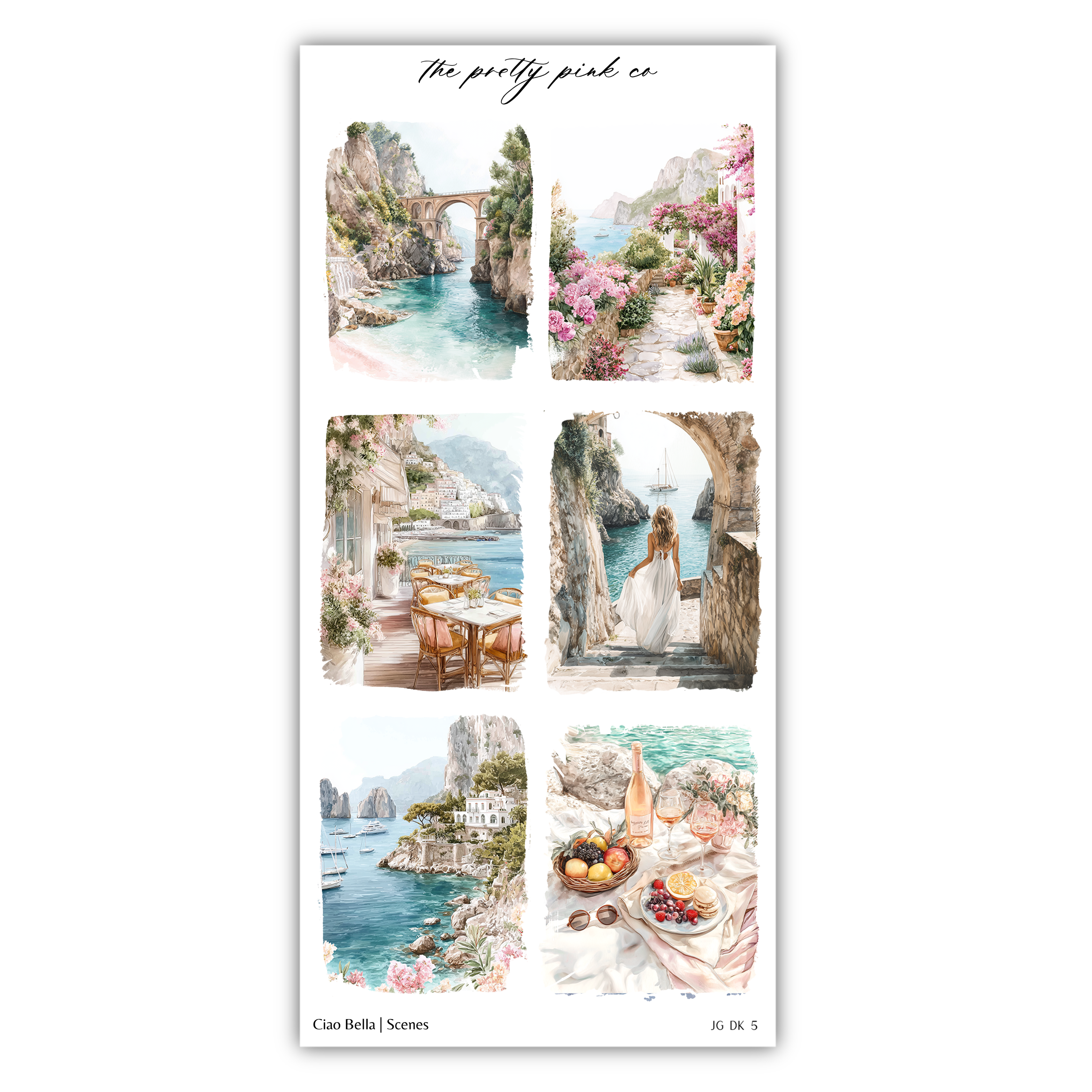 The image is a collage of six pictures depicting various scenes and landscapes, including a bridge, a woman in a white dress, a coastal town, a dining table with chairs, a woman walking on a path, and a table with fruit and wine.
