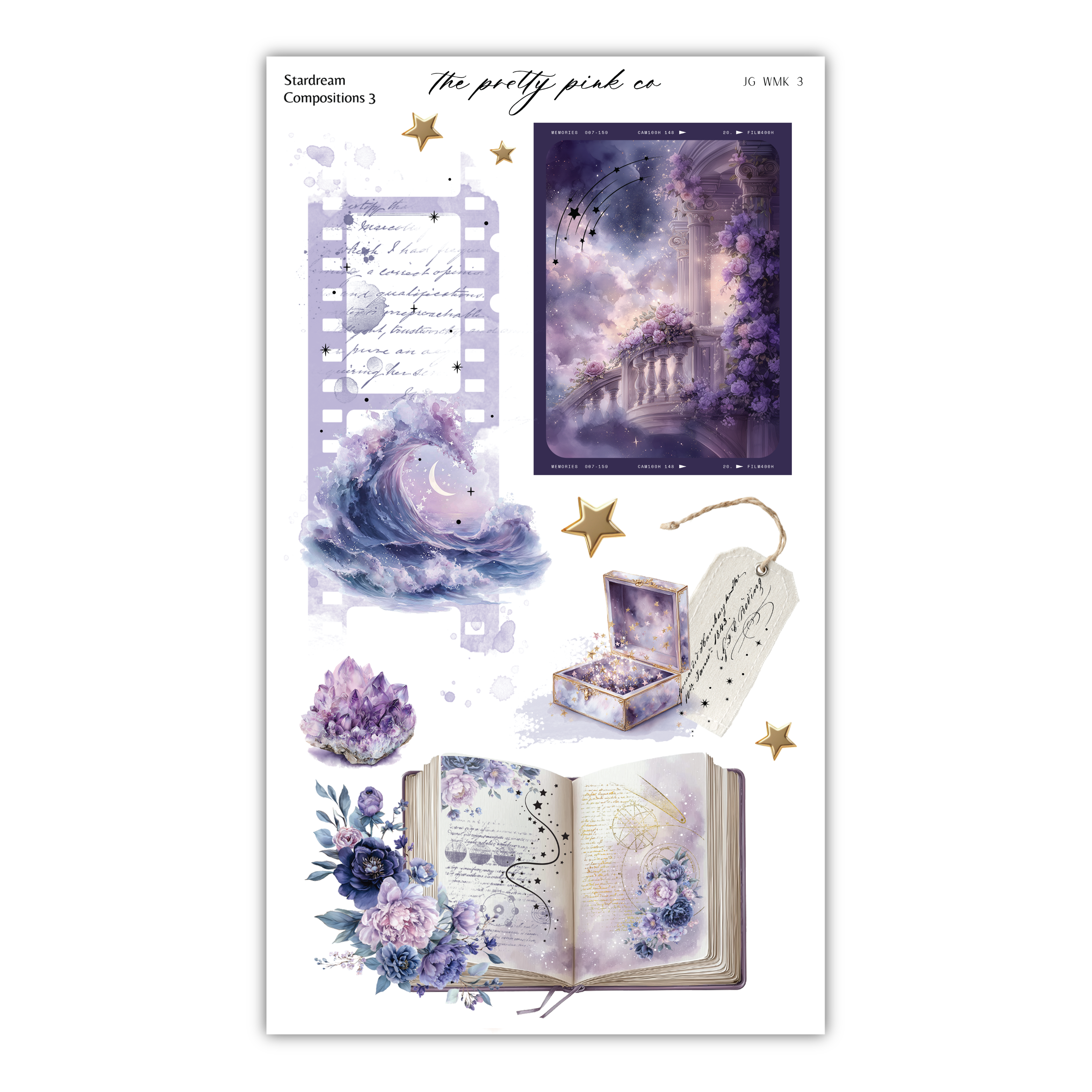 The image is a collage of various artistic elements, including a starburst, a floral design, a book, and a star. The collage appears to be a creative and visually appealing composition.