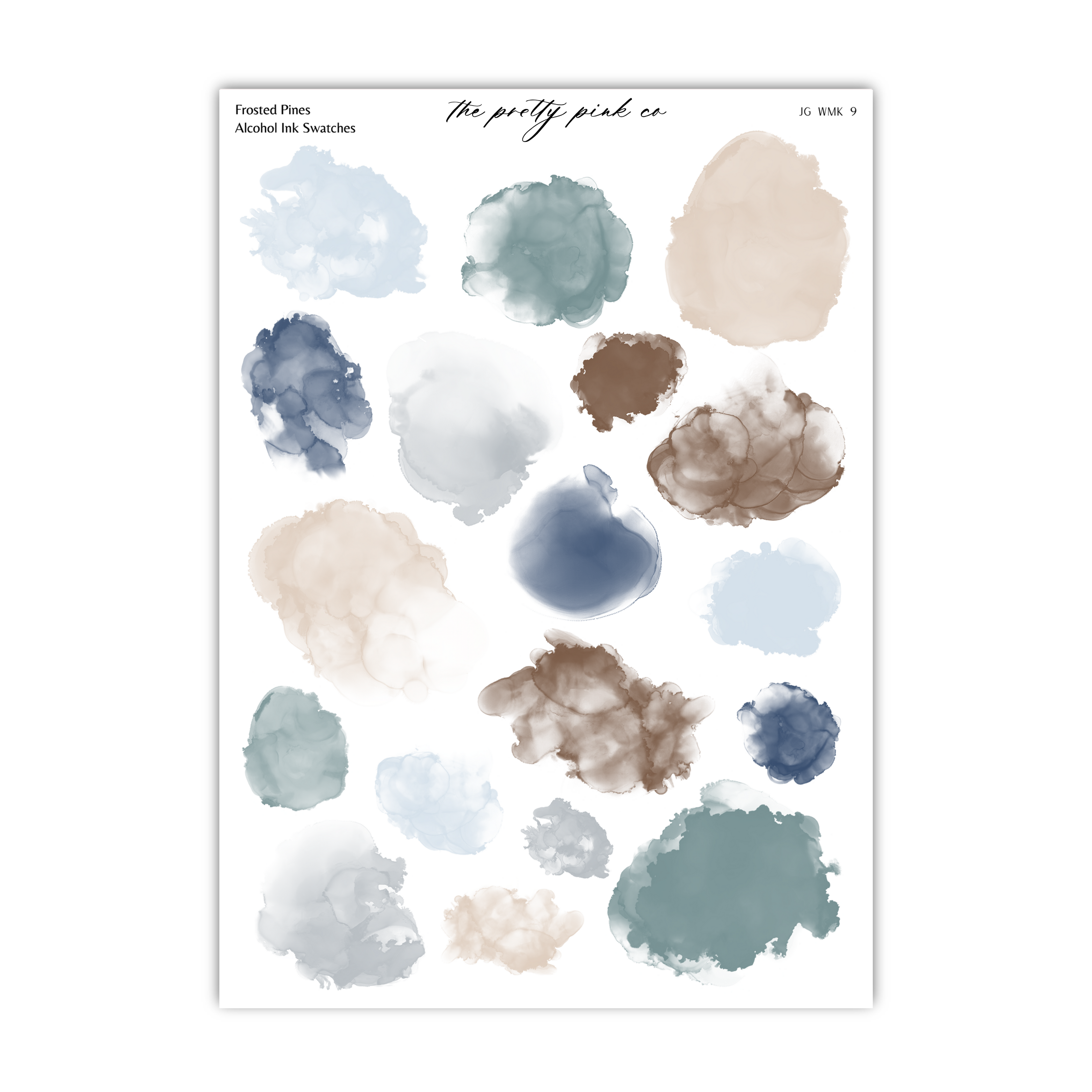 a collection of abstract watercolor brush strokes in various shades of blue, green, and brown, arranged in a grid-like pattern.