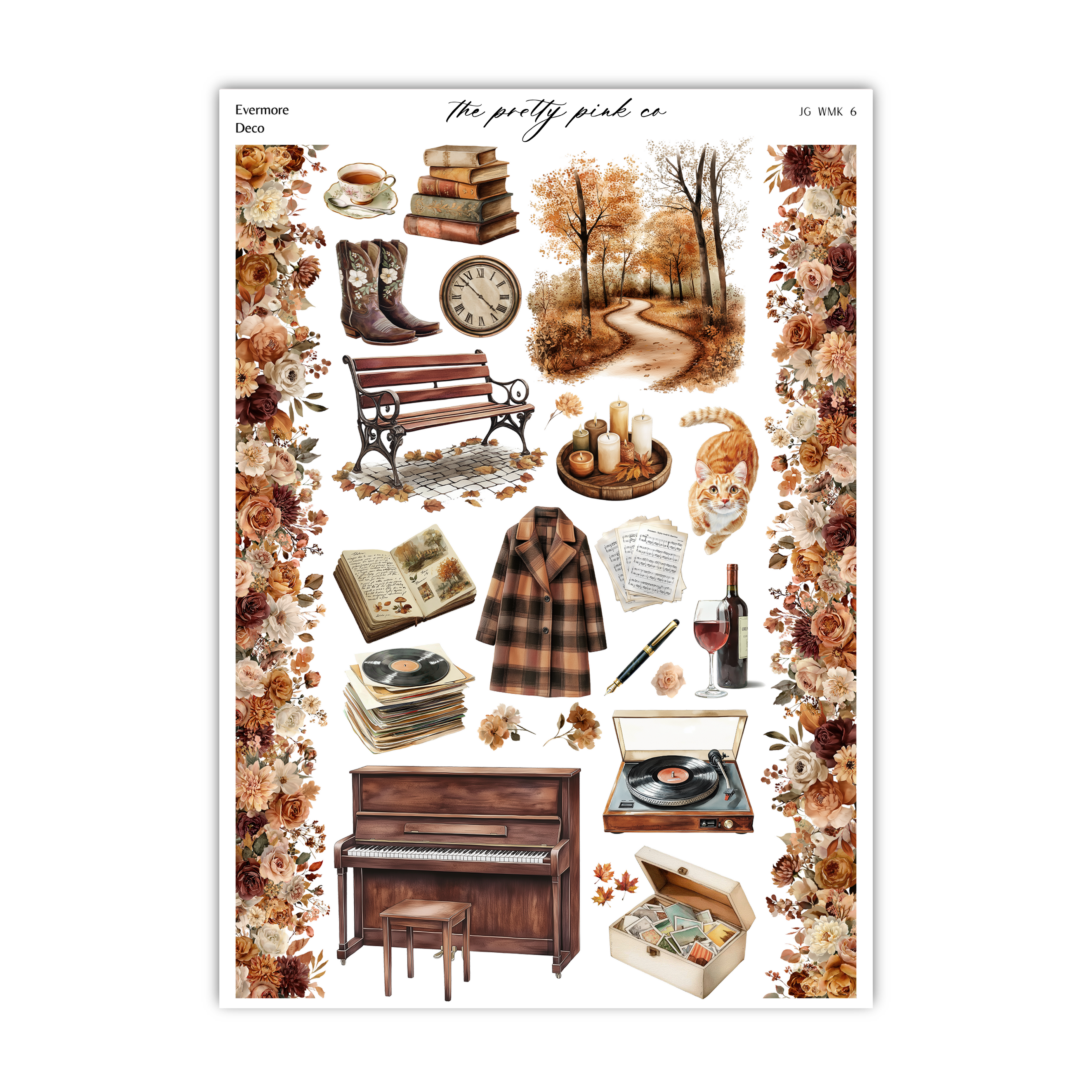 The image is a collage of various autumn-themed items, including a bench, books, a clock, a cat, a wine glass, a record player, and a basket.