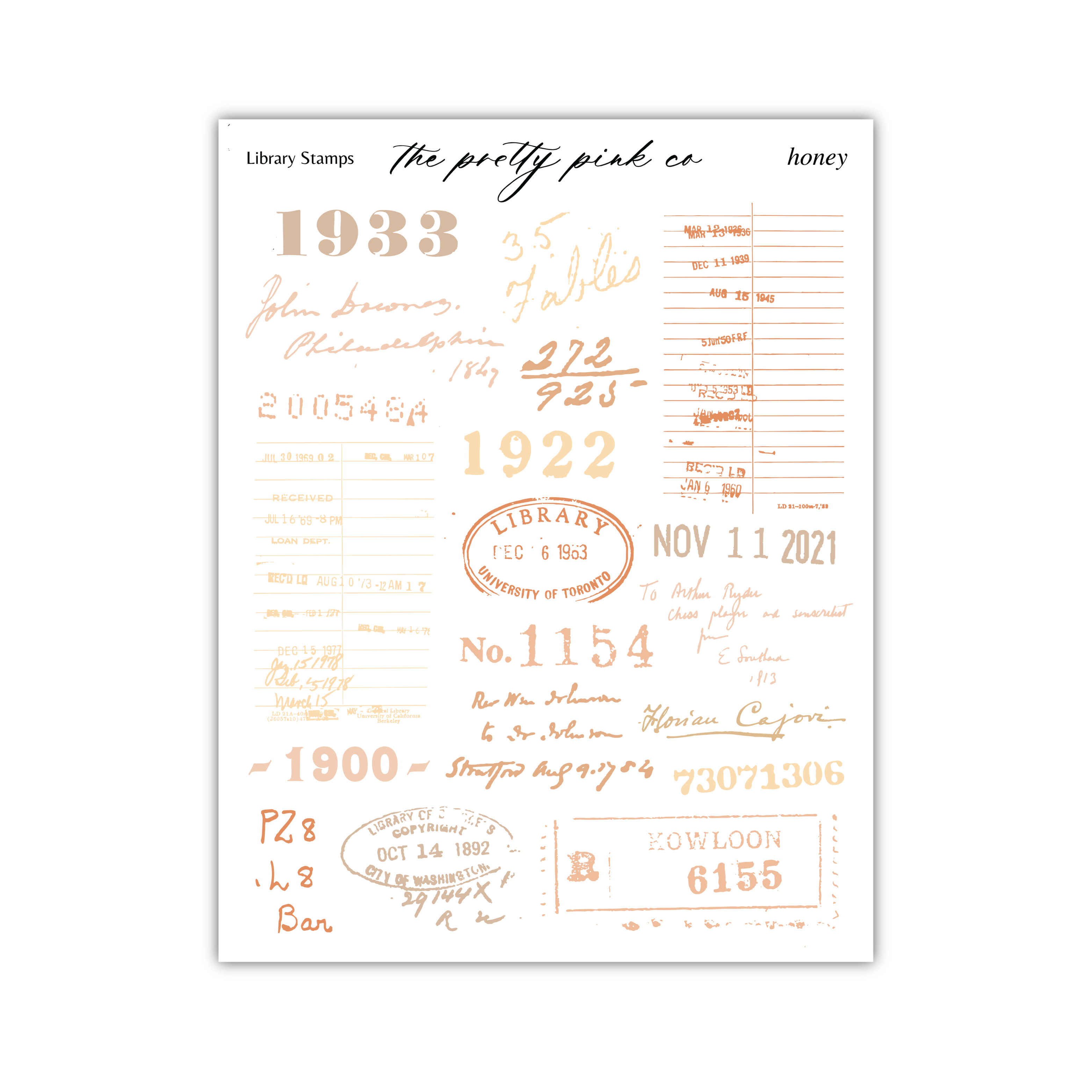 a collage of various text elements, including library stamps, library cards, and other related information. The text appears to be in different fonts and sizes, creating a visually interesting and diverse composition.