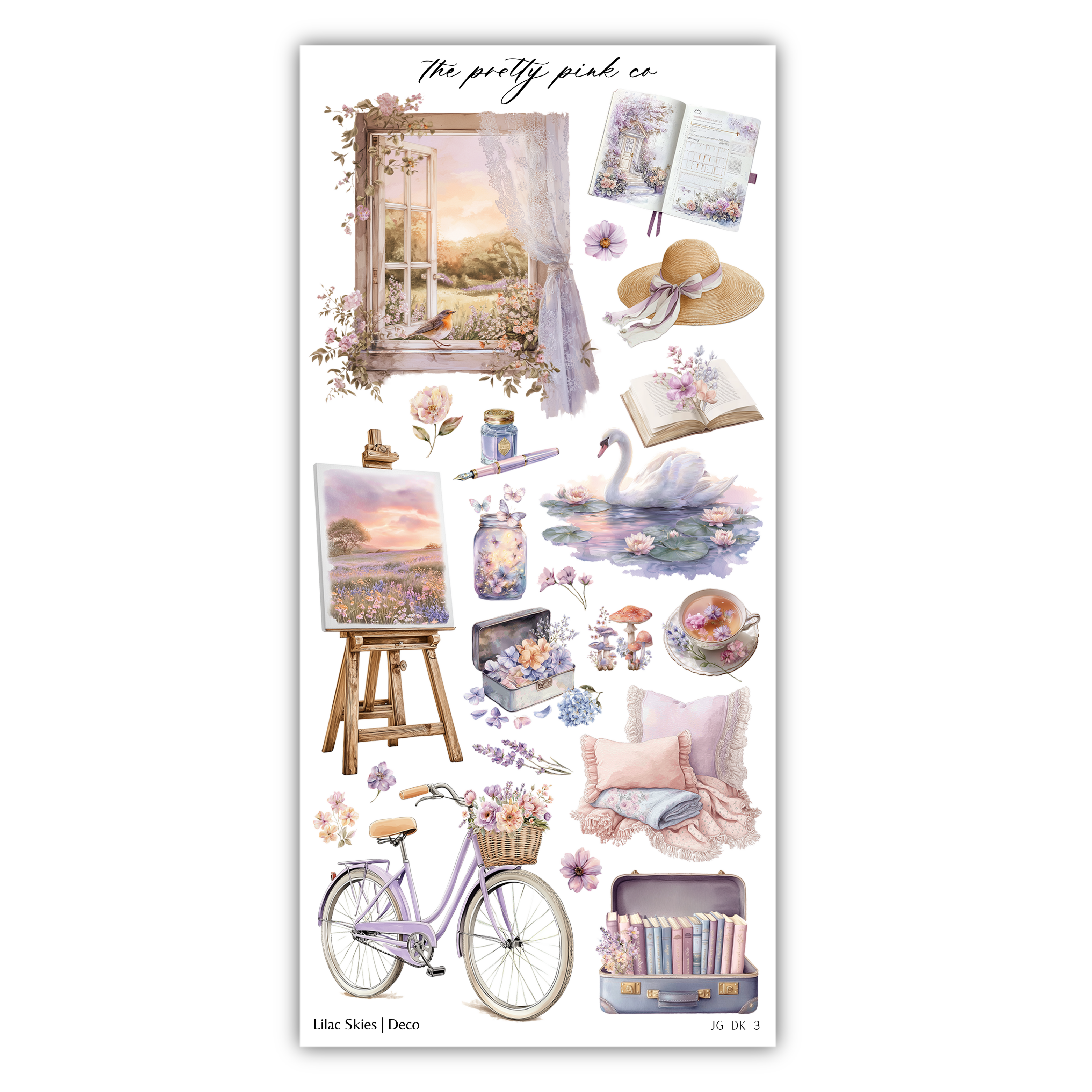 The image is a collage of various objects and scenes, including a bicycle, a painting, a book, a hat, a swan, flowers, and a teacup. The objects are arranged in a visually appealing manner, creating a harmonious composition.