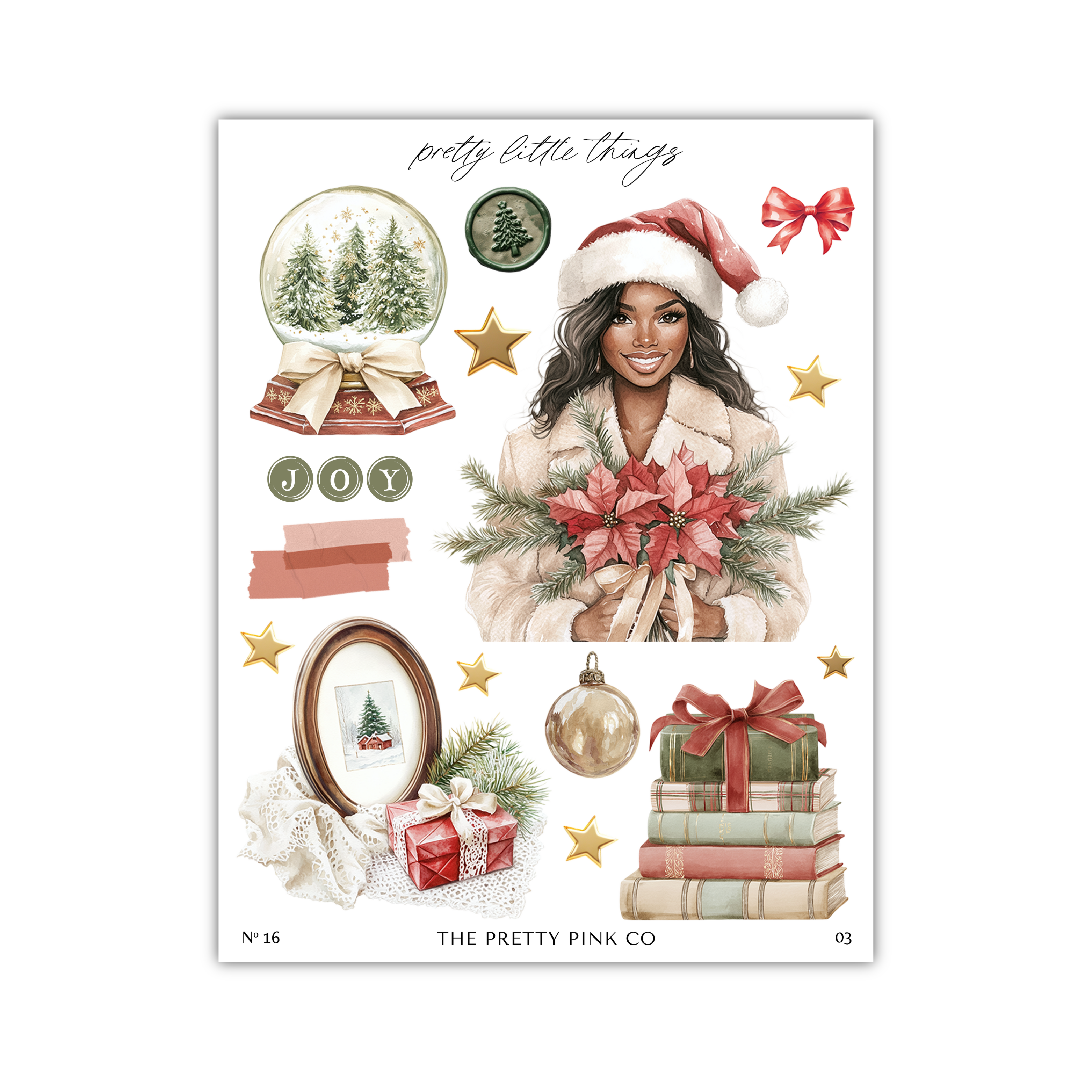 The image is a collage of various Christmas-themed elements, including a woman in a Santa hat, a snow globe, a star, a poinsettia, a gift box, and a stack of books.